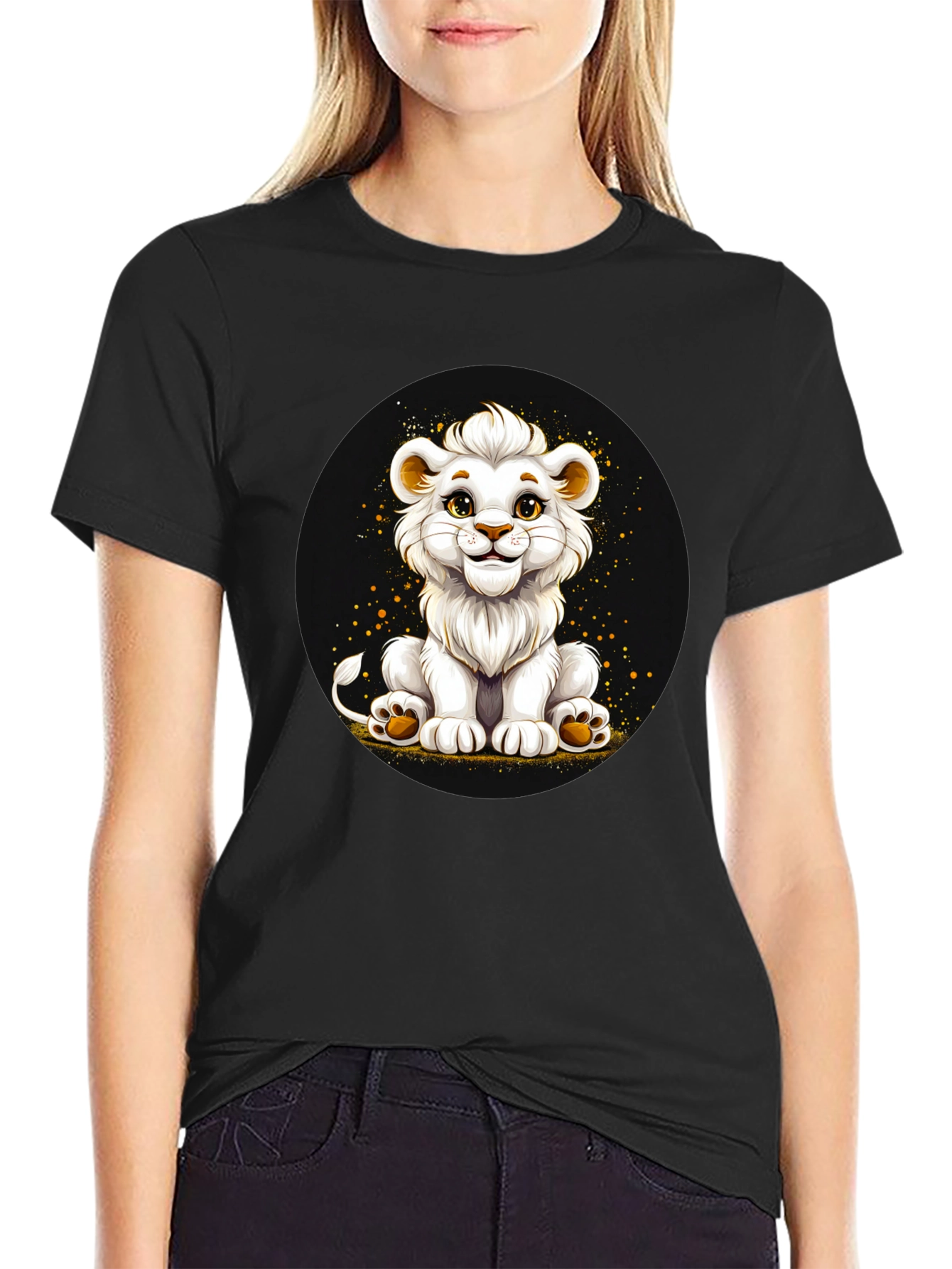 Cute White Lion Cub Graphic Black T-Shirt