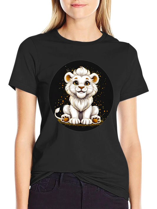 Cute White Lion Cub Graphic Black T-Shirt
