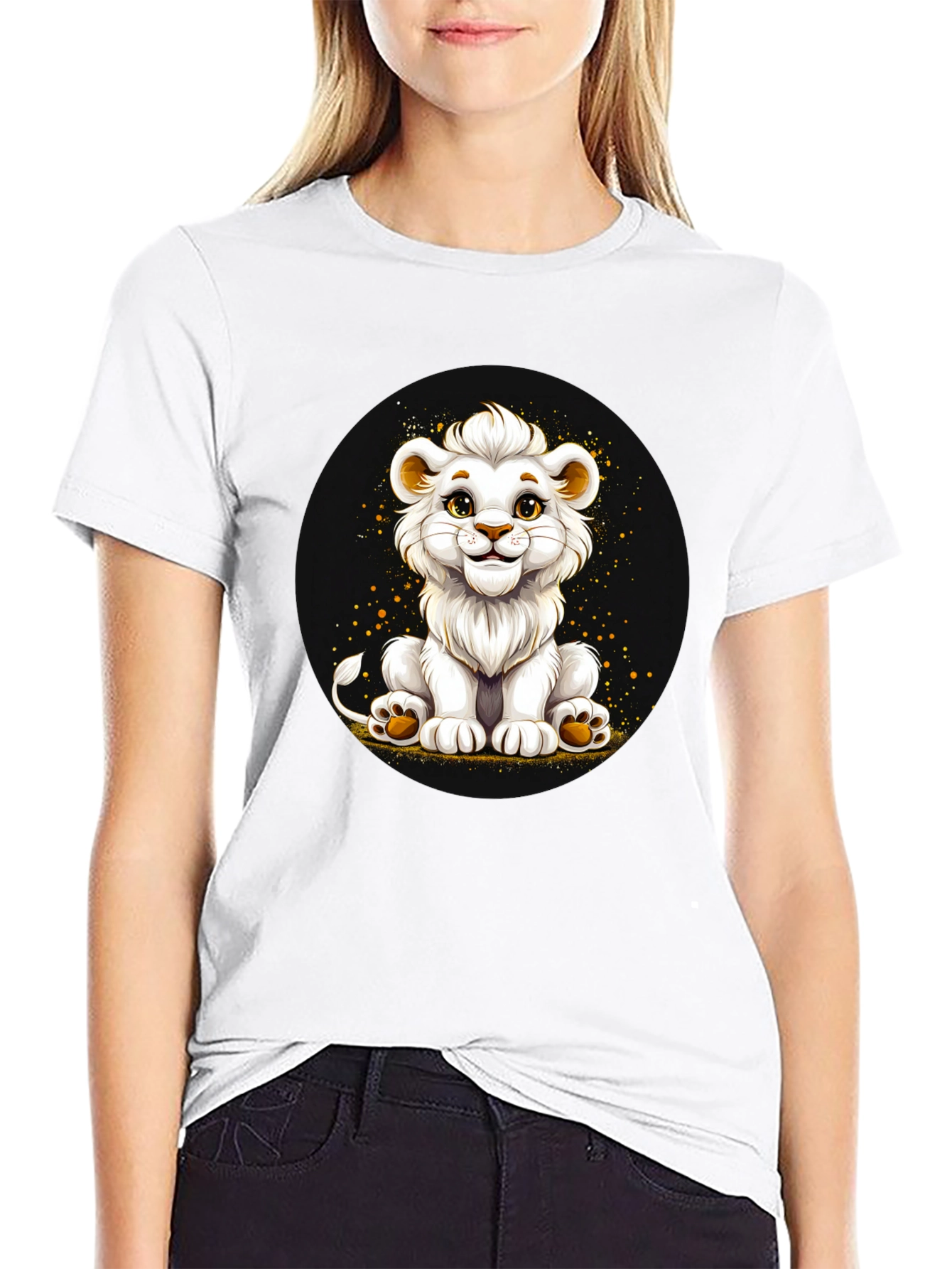 Cute White Lion Cub Graphic Black T-Shirt