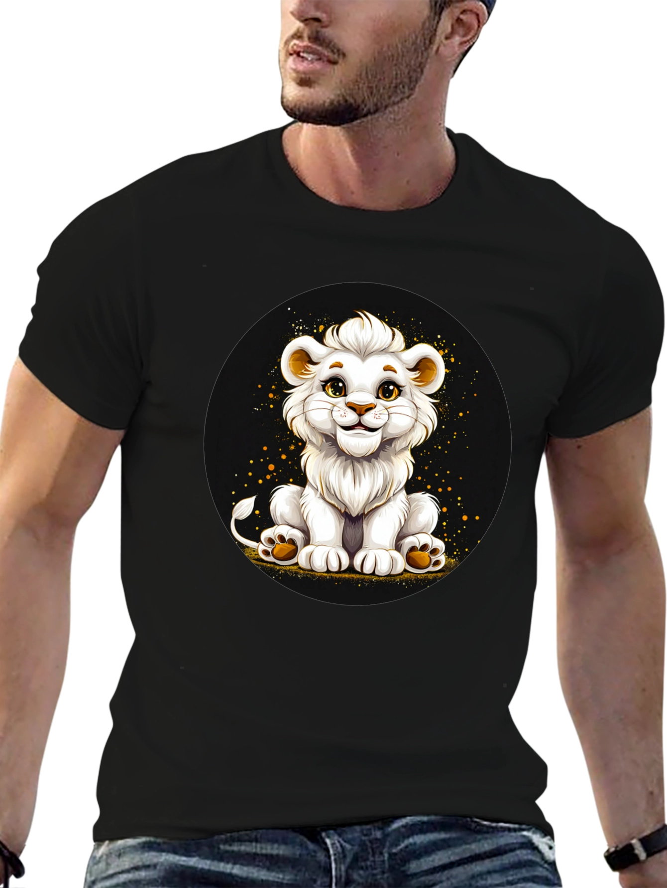 Cute White Lion Cub Graphic Black T-Shirt