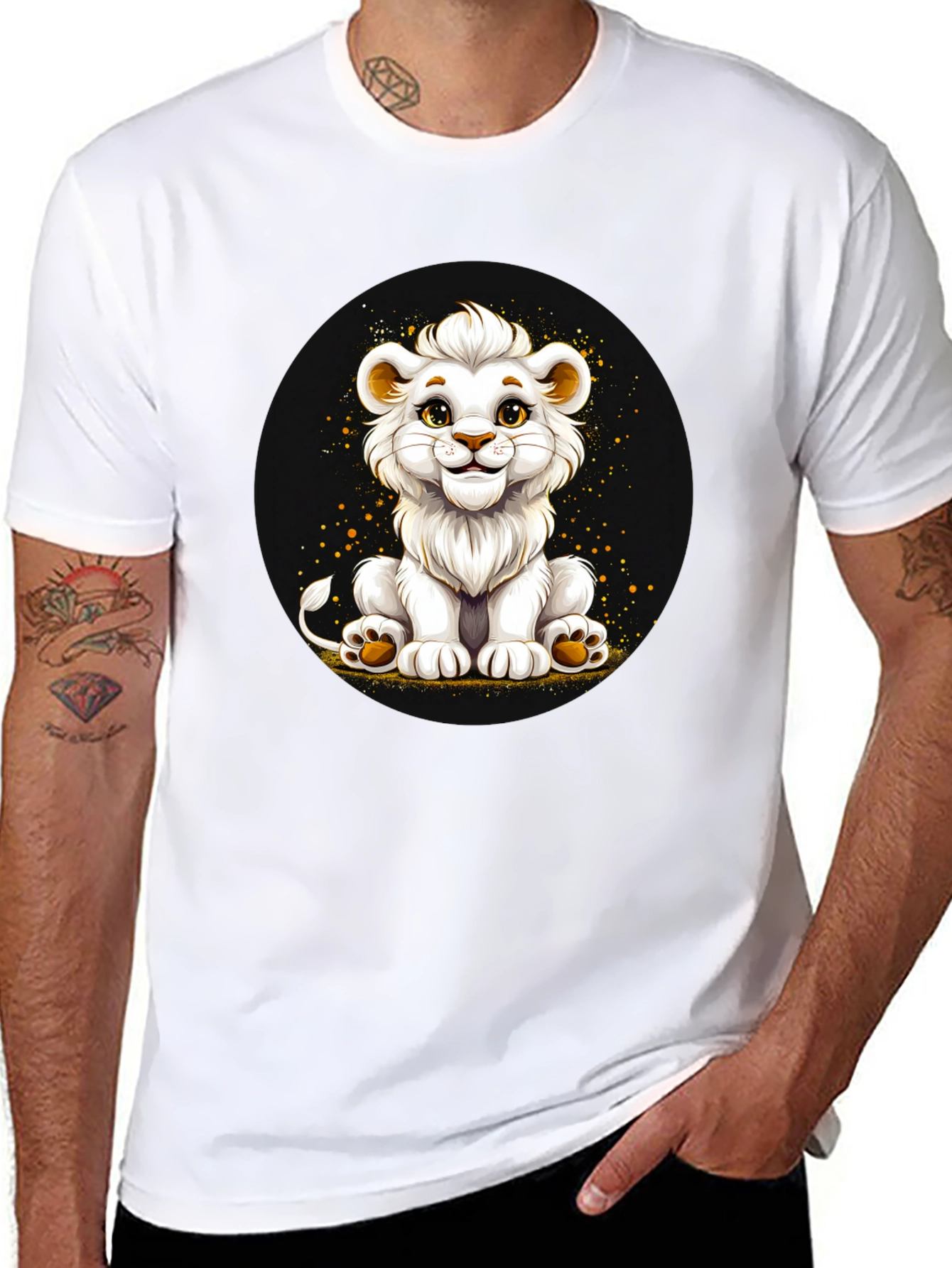 Cute White Lion Cub Graphic Black T-Shirt