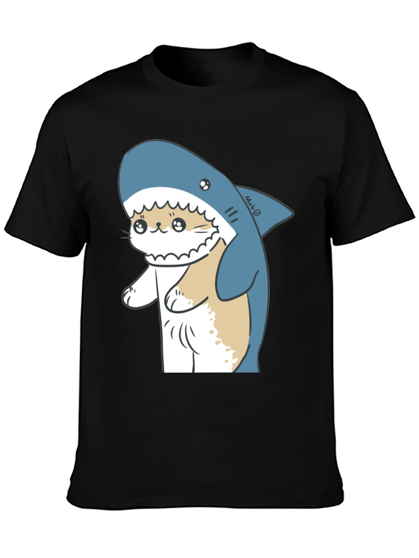Cute Cat Shark Graphic Black T-Shirt