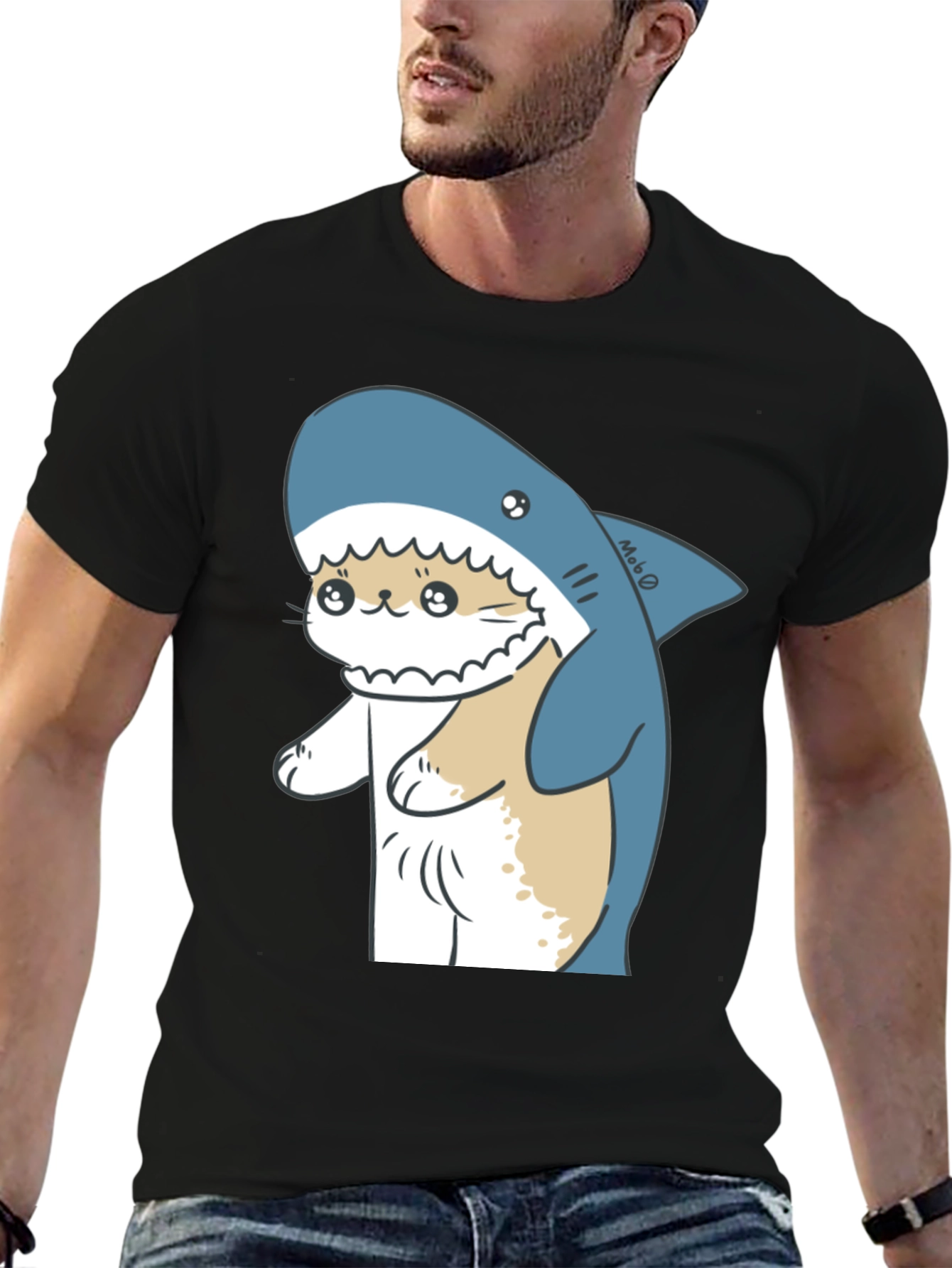 Cute Cat Shark Graphic Black T-Shirt