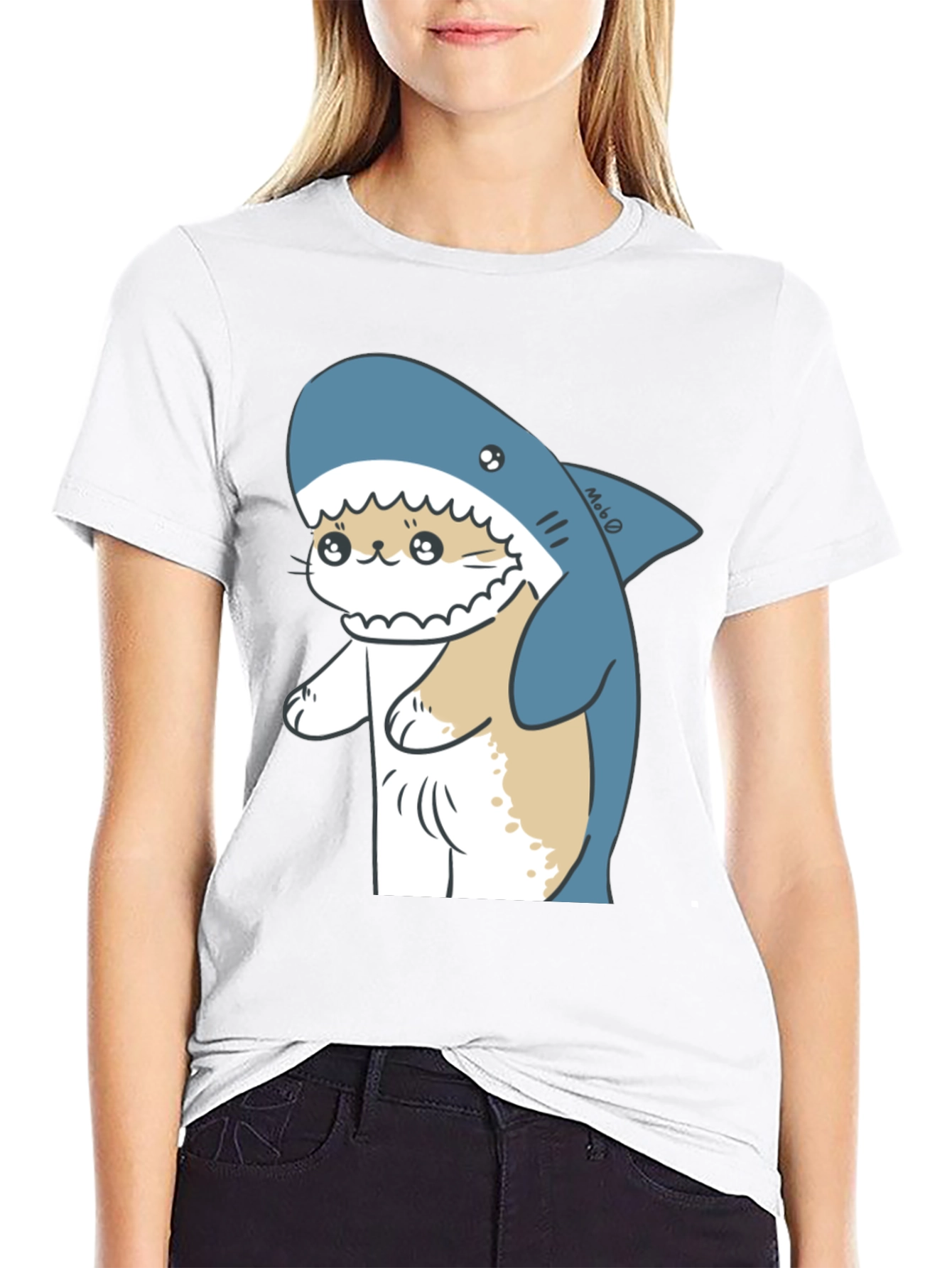 Cute Cat Shark Graphic Black T-Shirt