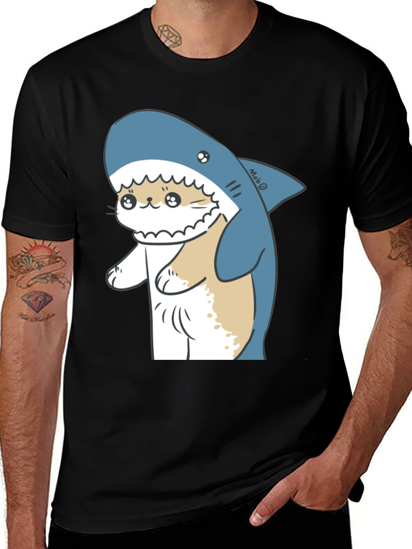 Cute Cat Shark Graphic Black T-Shirt