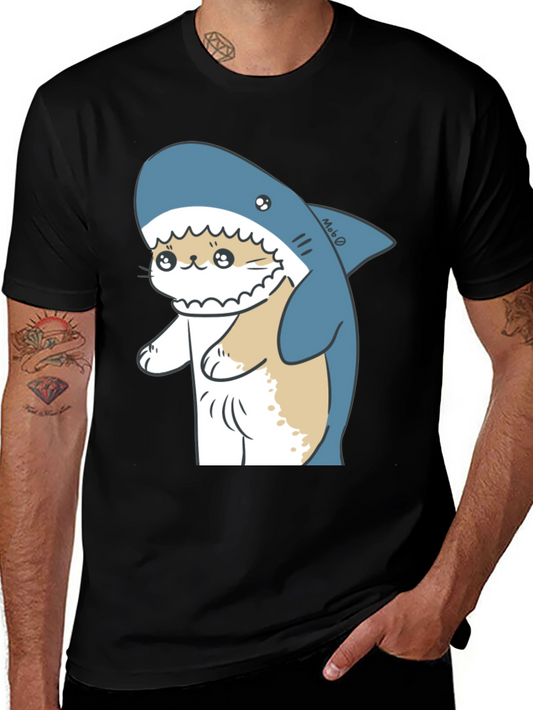 Cute Cat Shark Graphic Black T-Shirt