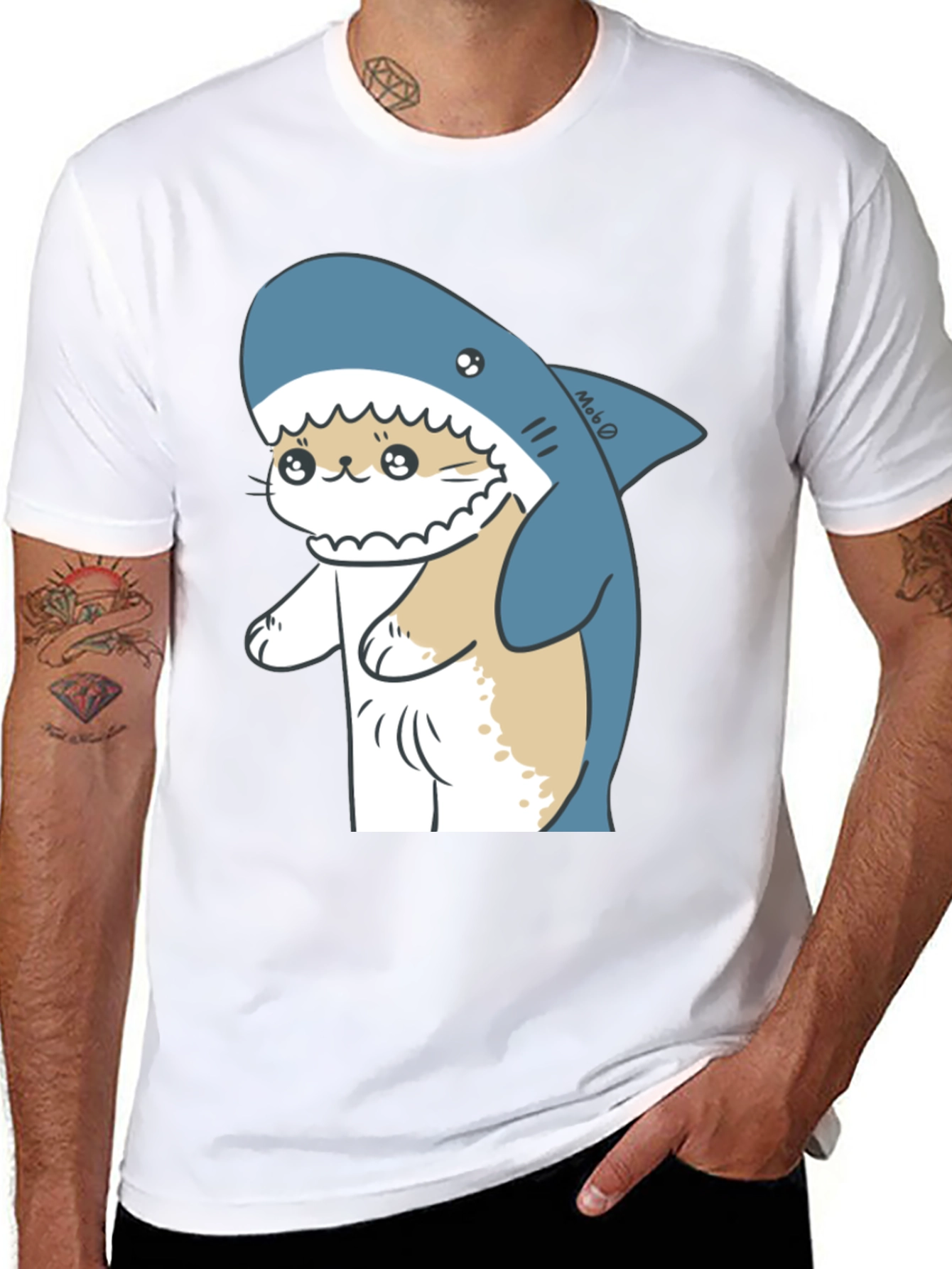 Cute Cat Shark Graphic Black T-Shirt