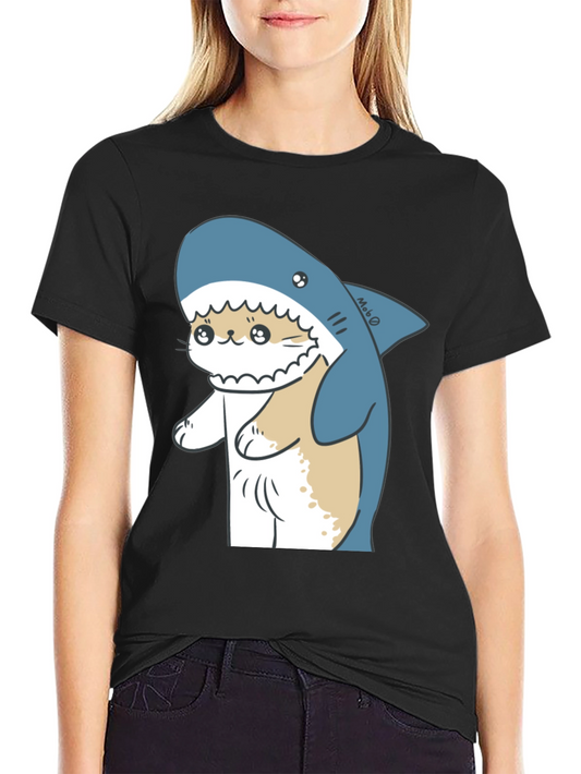 Cute Cat Shark Graphic Black T-Shirt