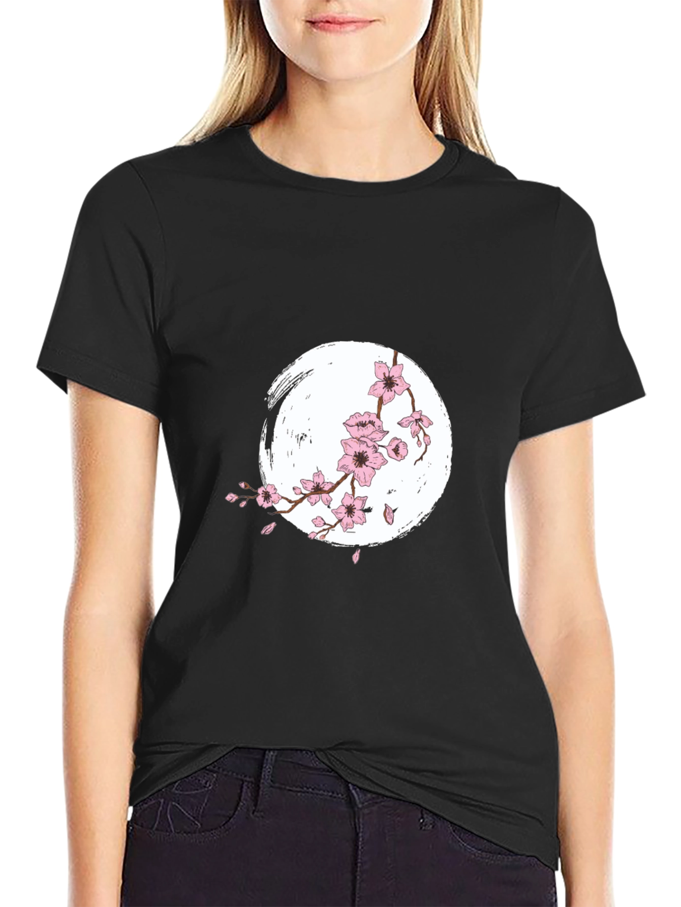 Sakura Blossom Graphic Tee - Black Cotton Shirt