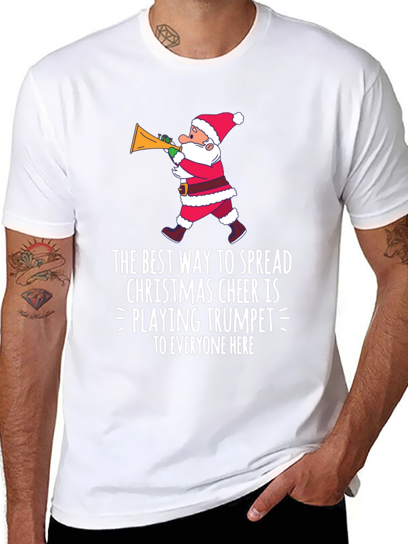 Christmas Cheer Trumpet Santa Graphic T-Shirt