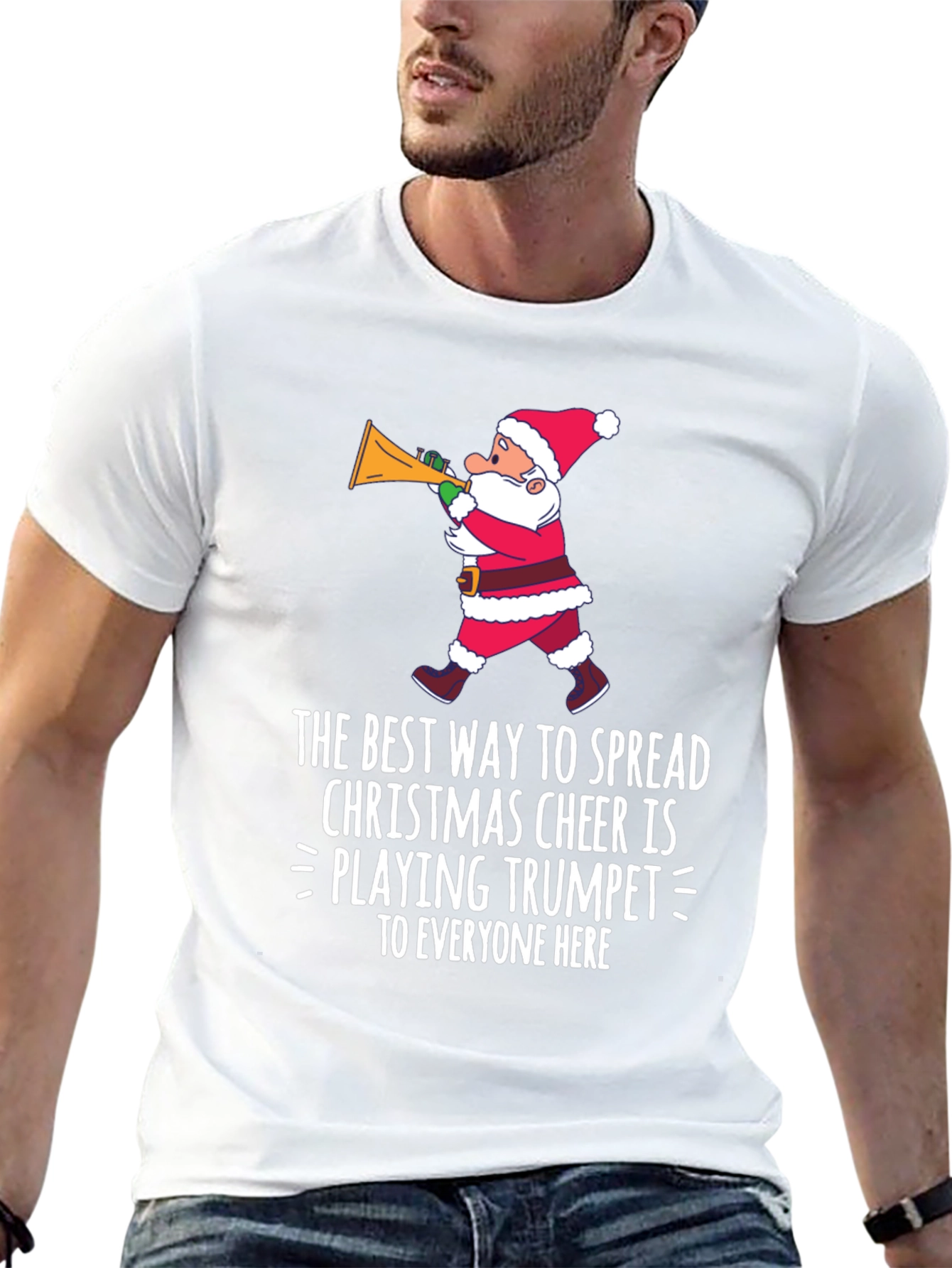 Christmas Cheer Trumpet Santa Graphic T-Shirt
