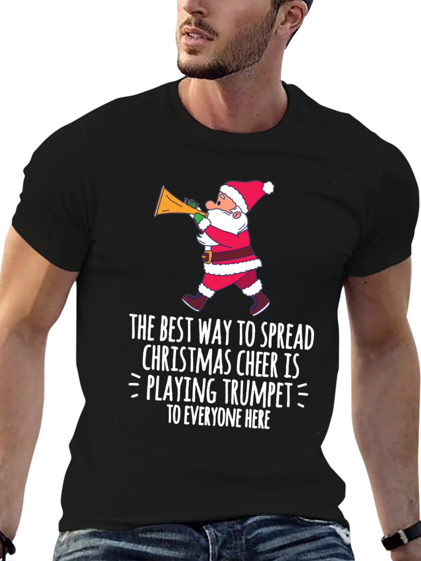 Christmas Cheer Trumpet Santa Graphic T-Shirt