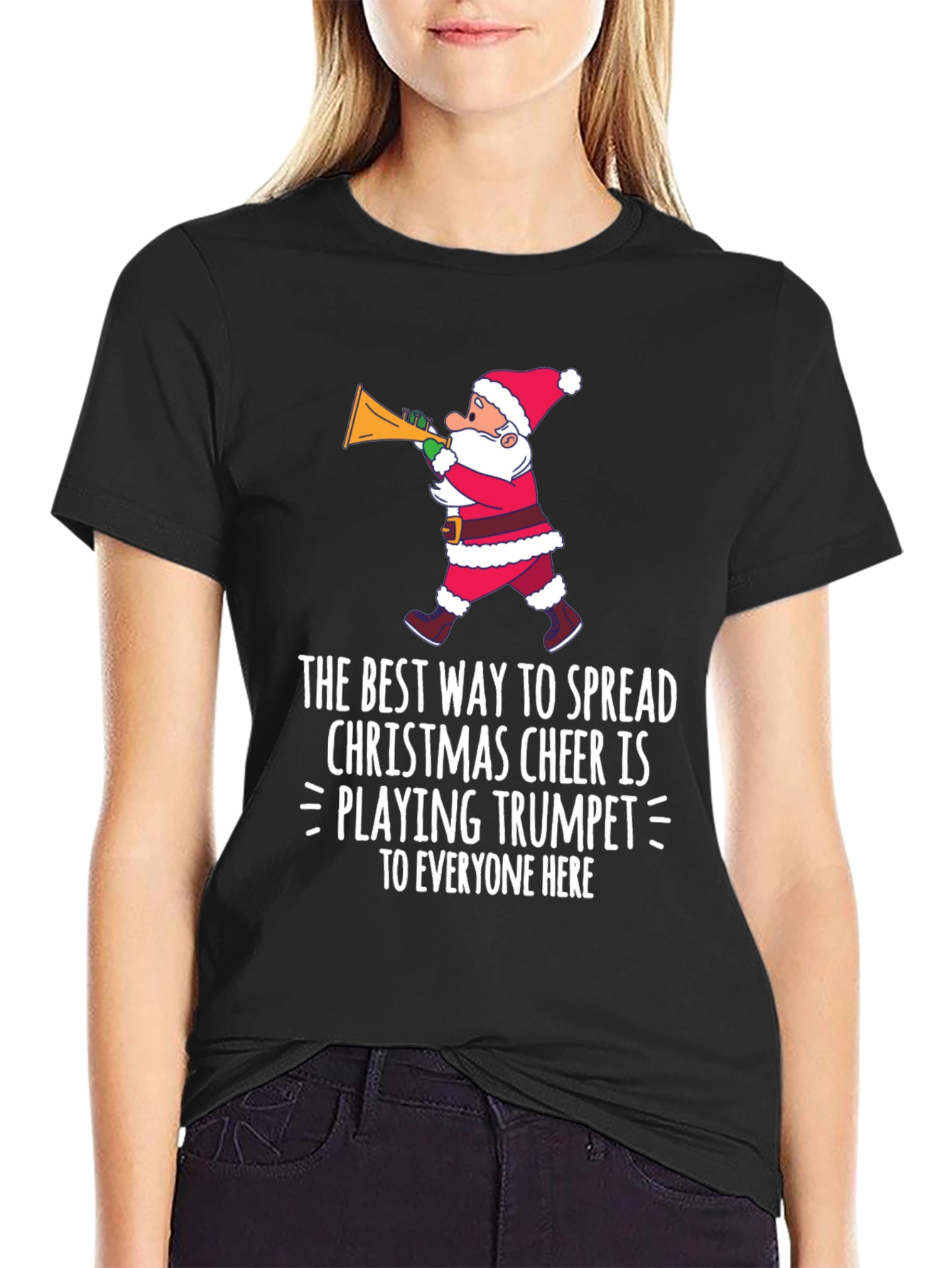 Christmas Cheer Trumpet Santa Graphic T-Shirt