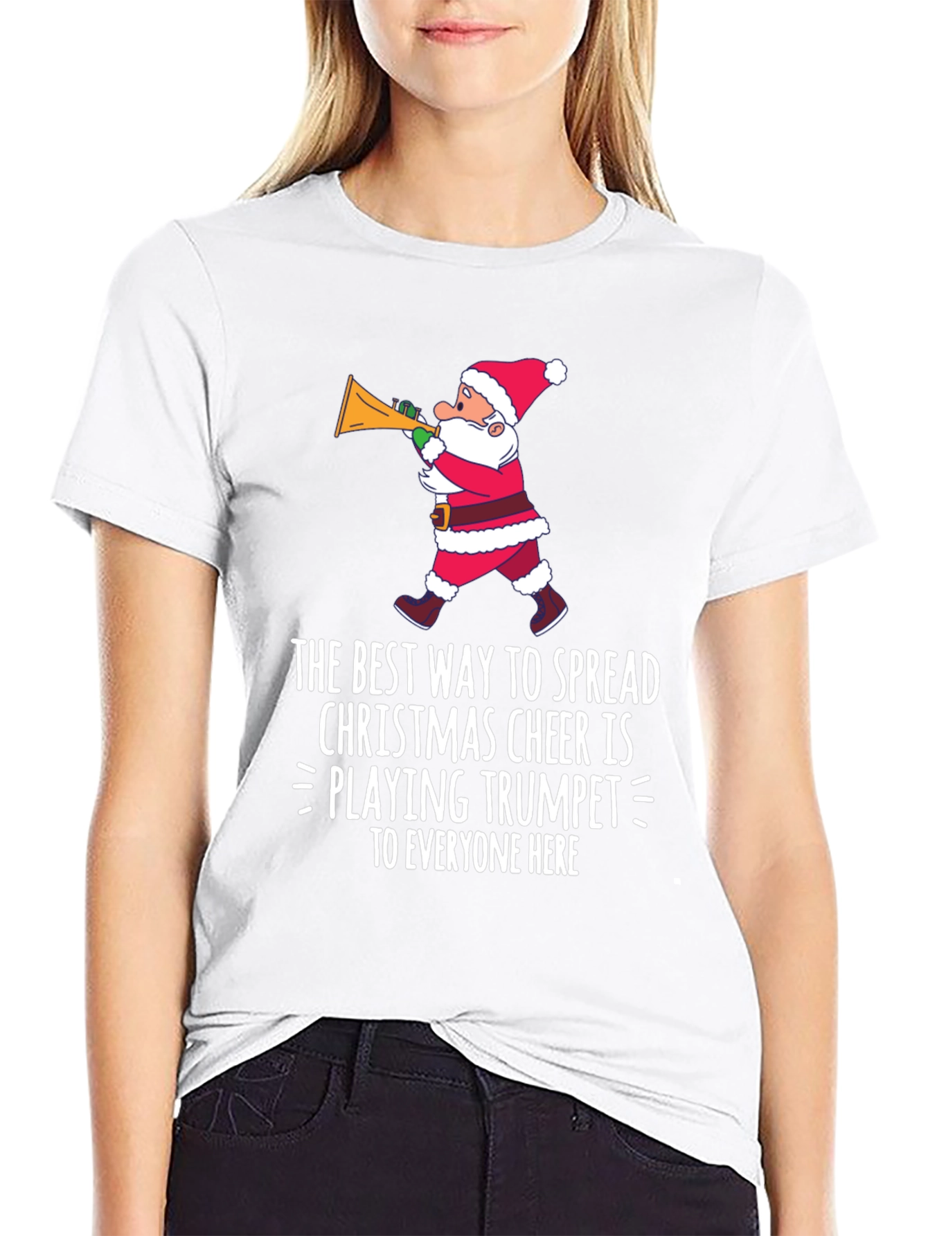 Christmas Cheer Trumpet Santa Graphic T-Shirt