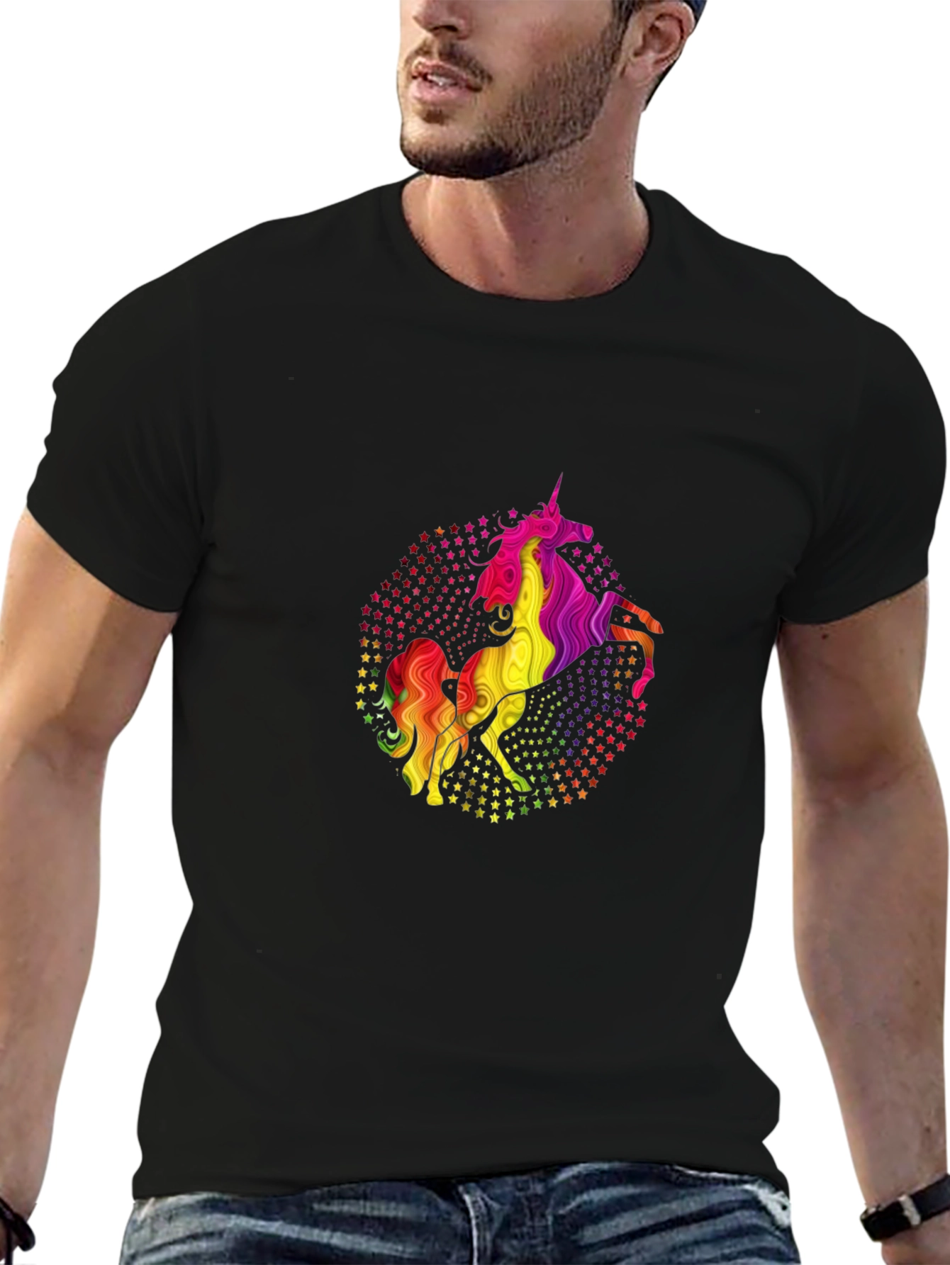 Rainbow Unicorn Stars Black Graphic Tee