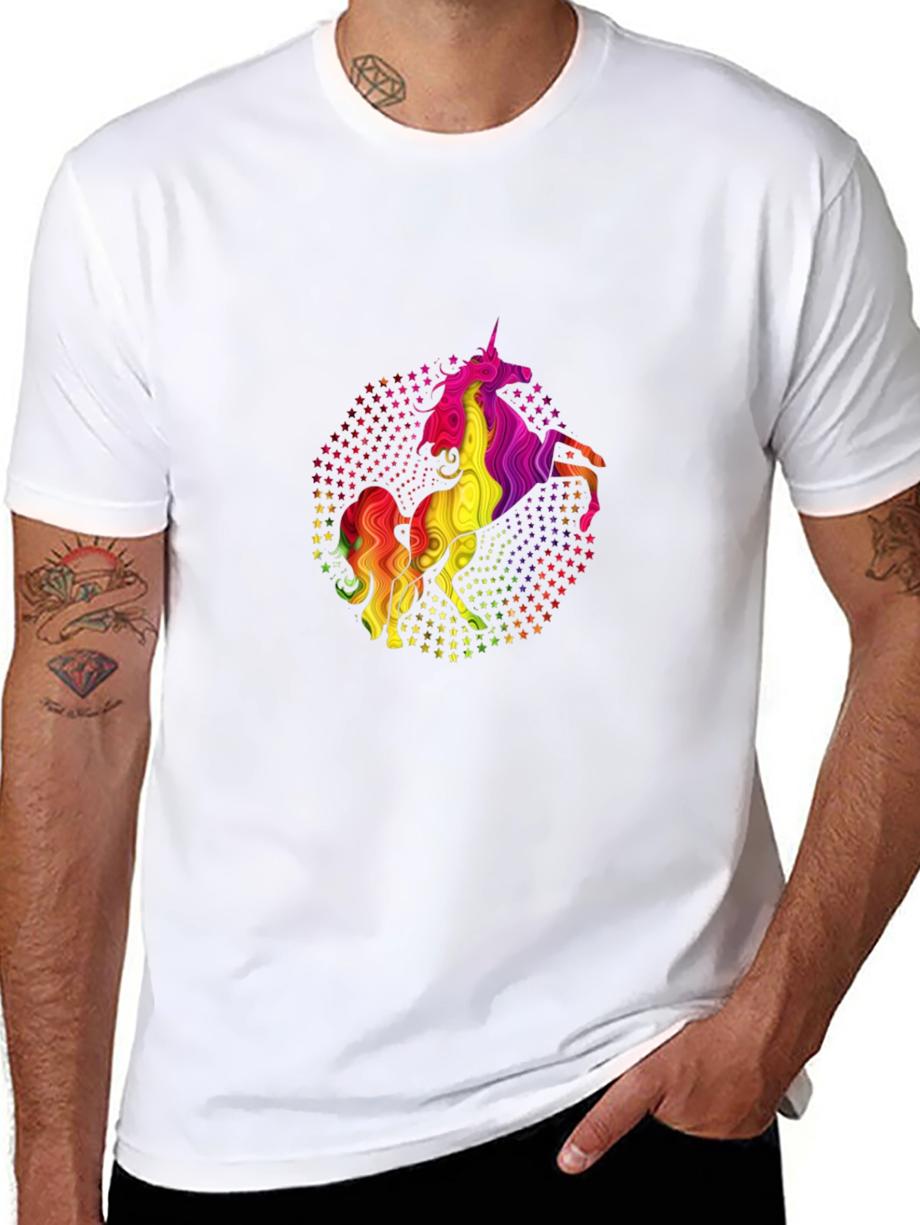Rainbow Unicorn Stars Black Graphic Tee