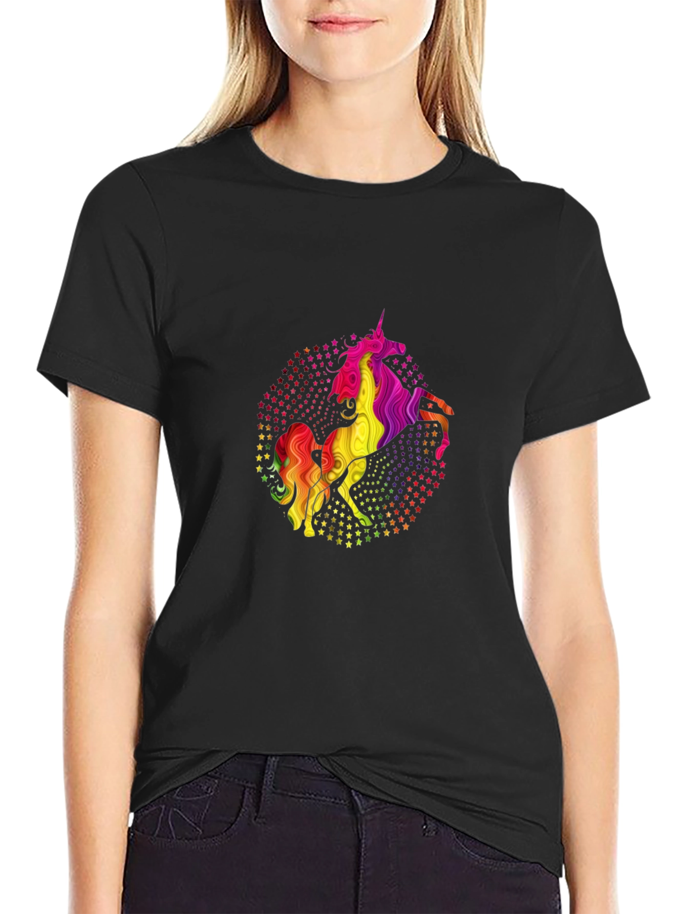 Rainbow Unicorn Stars Black Graphic Tee