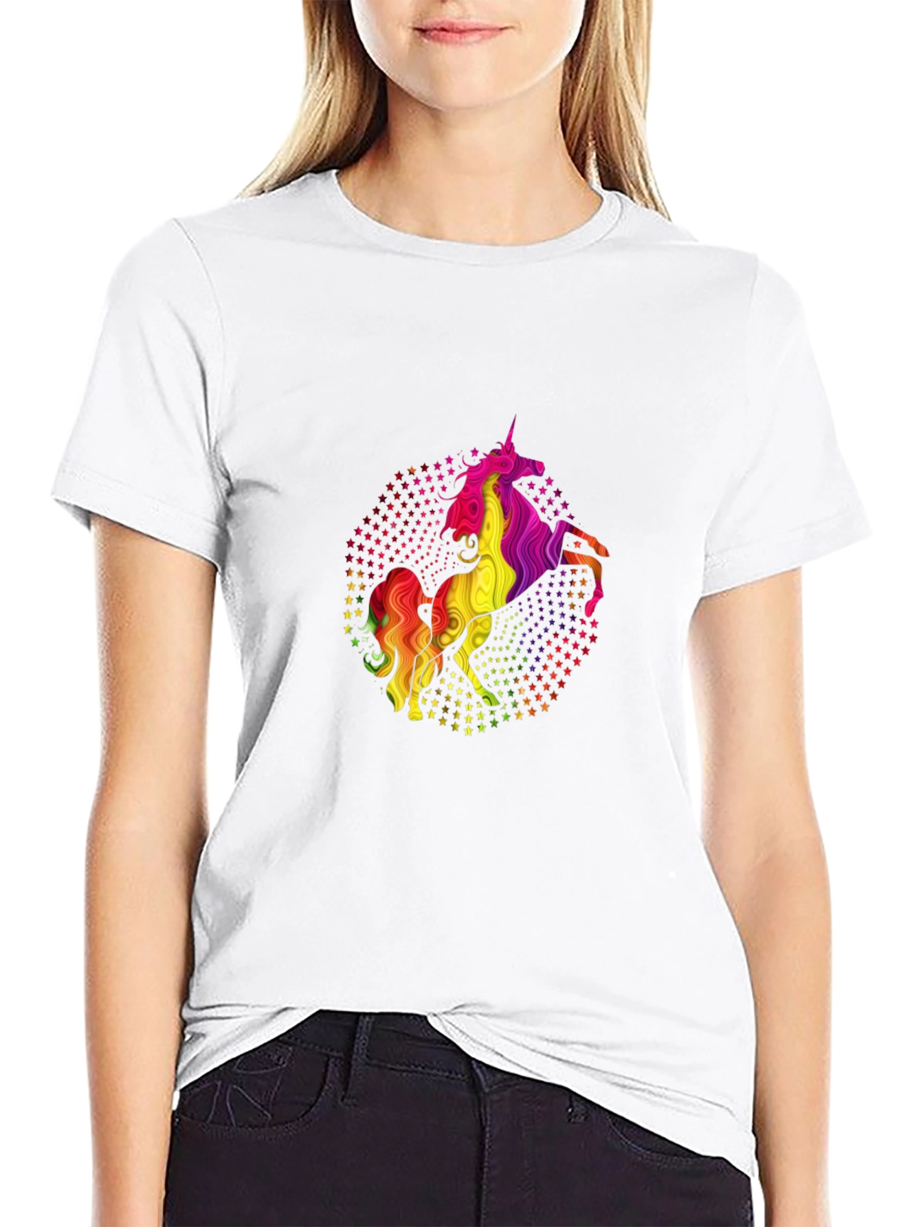 Rainbow Unicorn Stars Black Graphic Tee