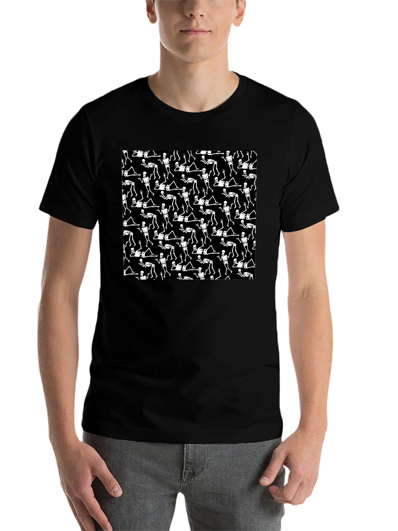 Skeleton Patterned Black Crew Neck T-Shirt