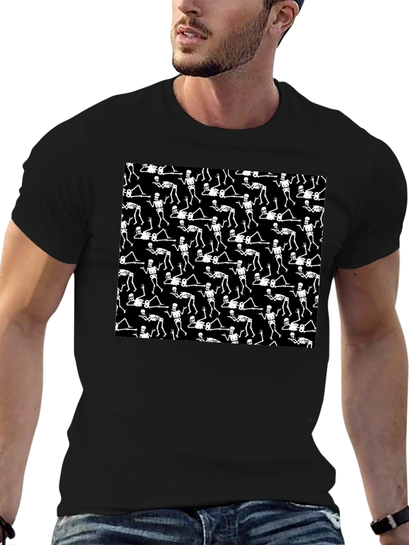 Skeleton Patterned Black Crew Neck T-Shirt