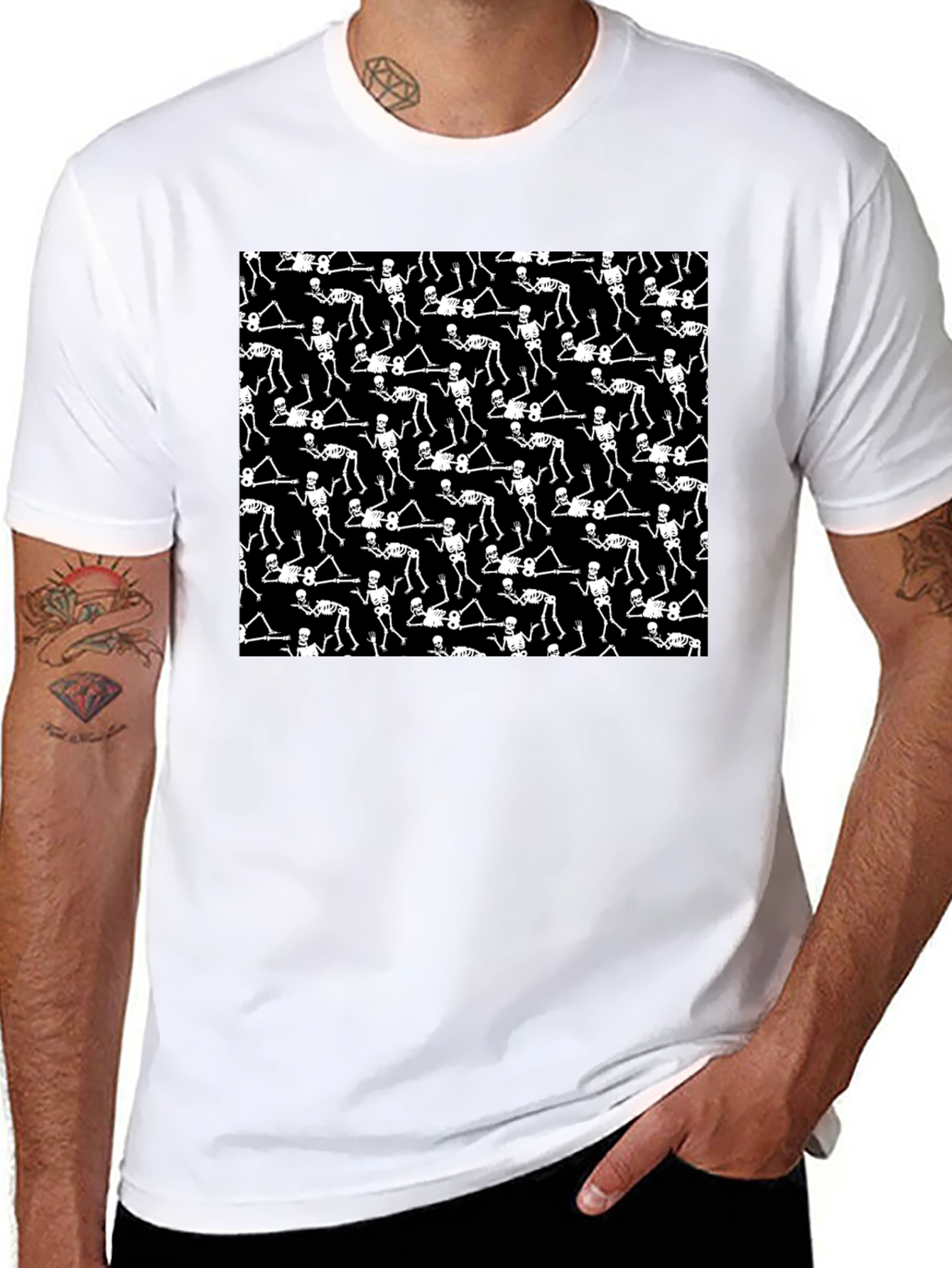 Skeleton Patterned Black Crew Neck T-Shirt