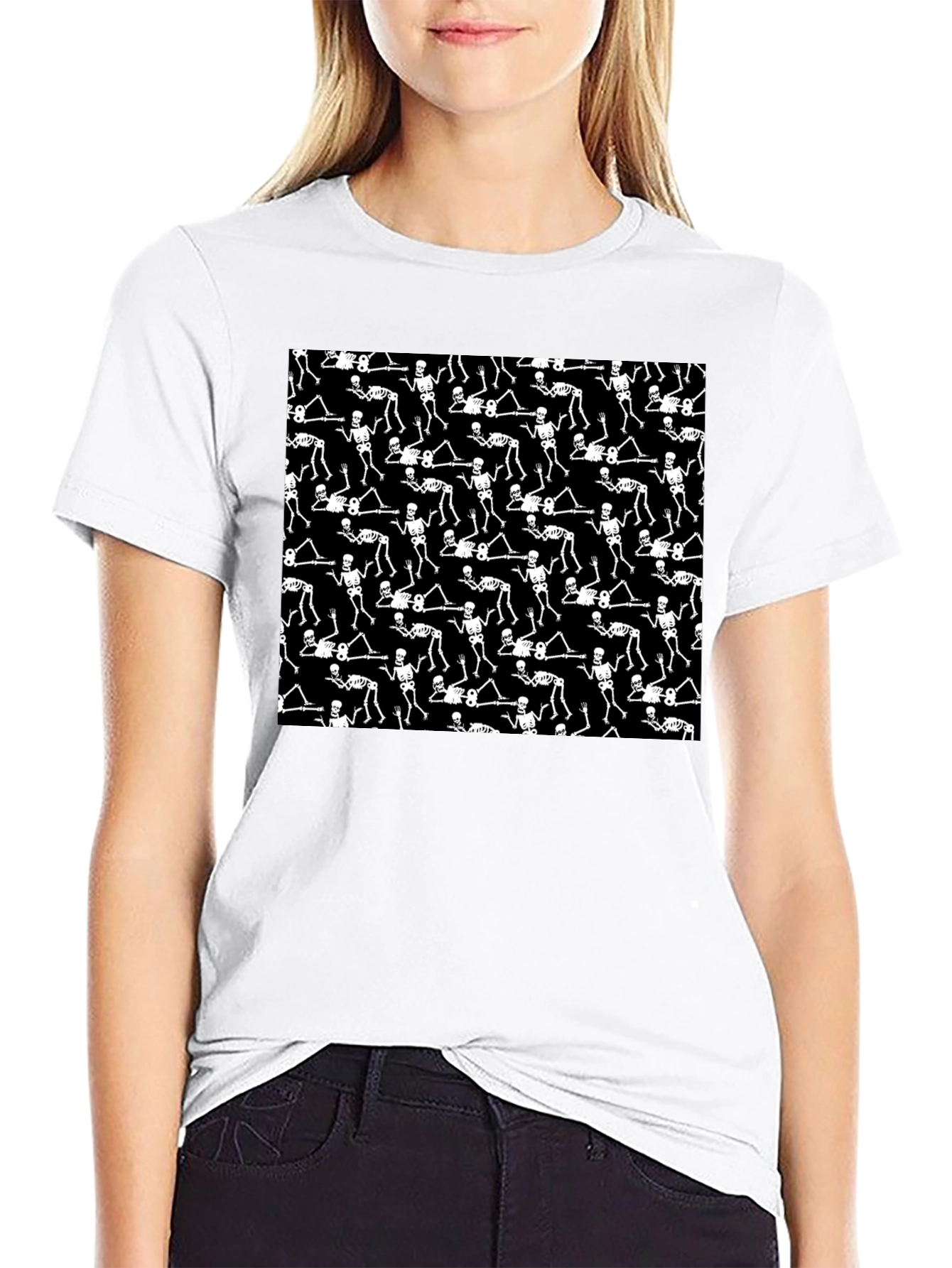 Skeleton Patterned Black Crew Neck T-Shirt