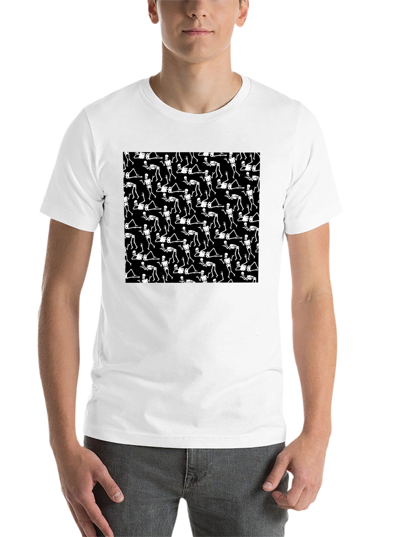Skeleton Patterned Black Crew Neck T-Shirt