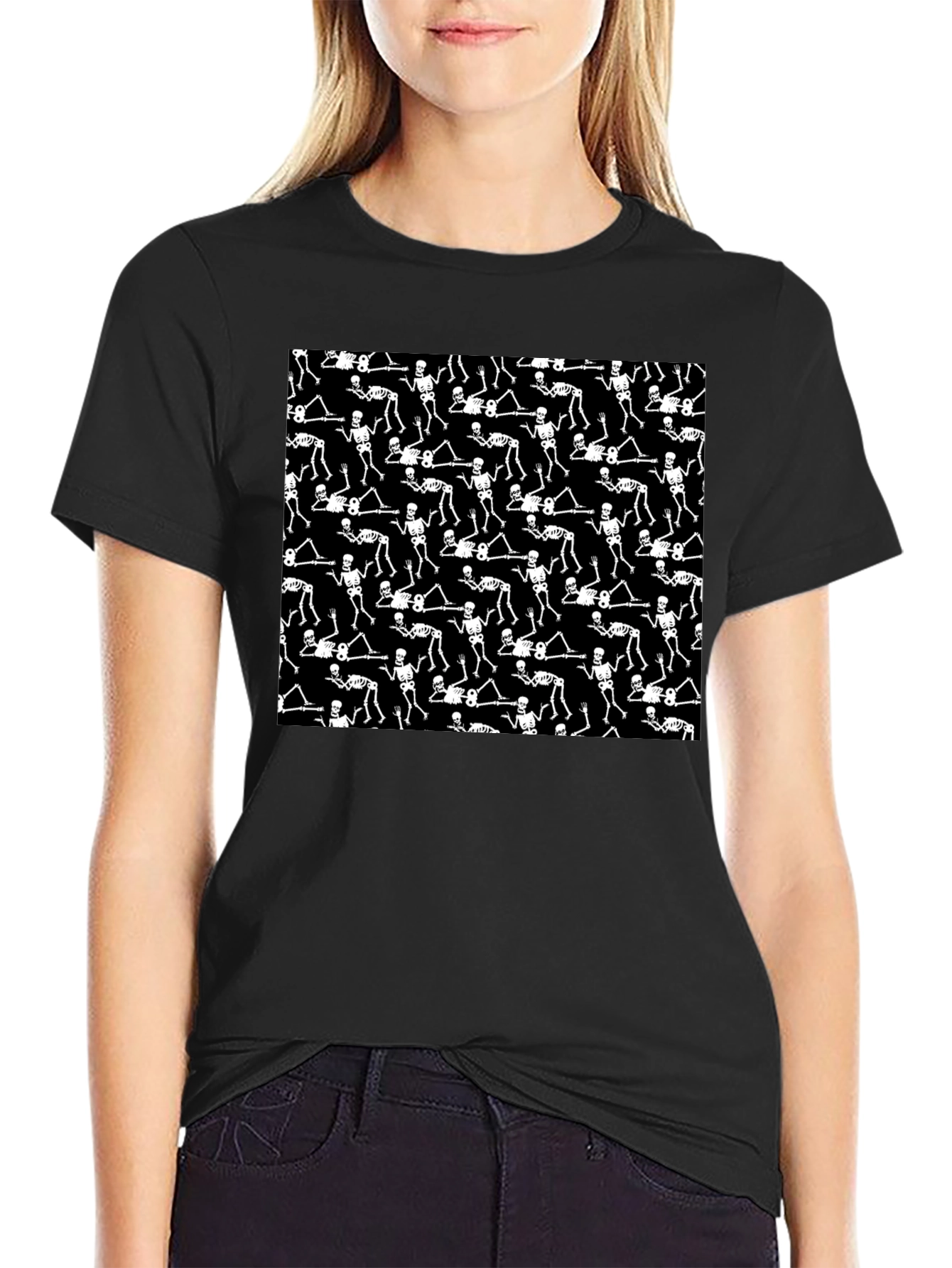 Skeleton Patterned Black Crew Neck T-Shirt