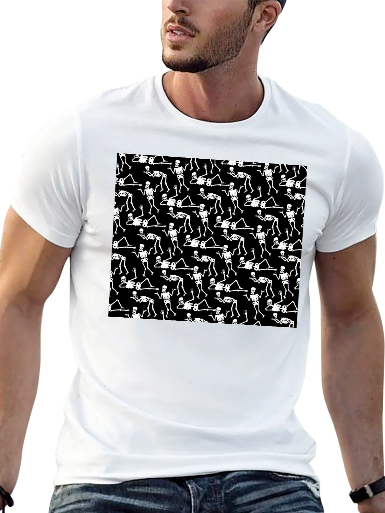 Skeleton Patterned Black Crew Neck T-Shirt