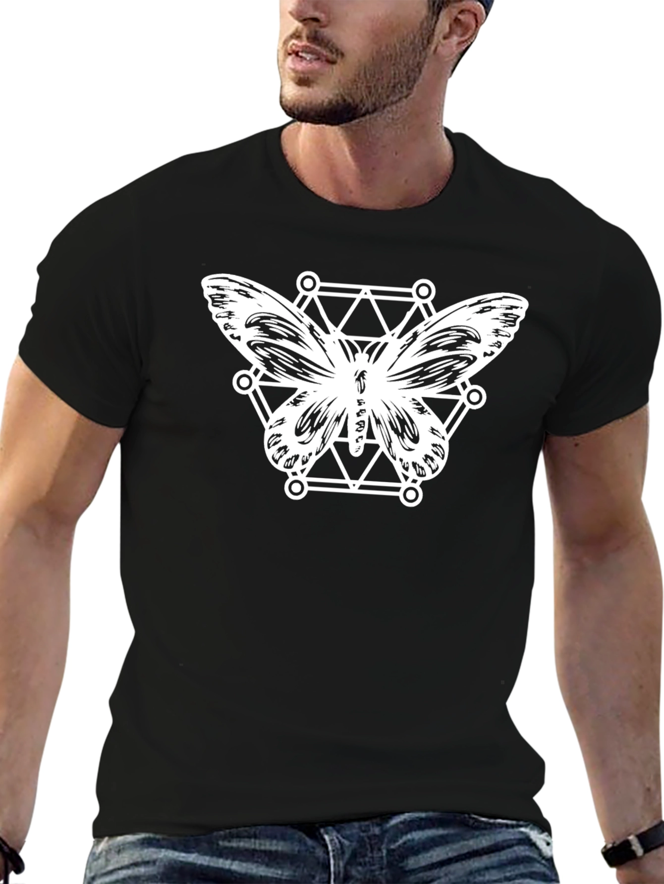 Geometric Butterfly Graphic Tee - Black