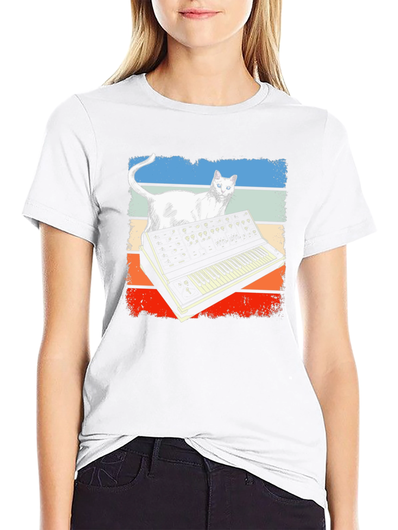 Retro Cat Synth T-Shirt - Music Lover Tee