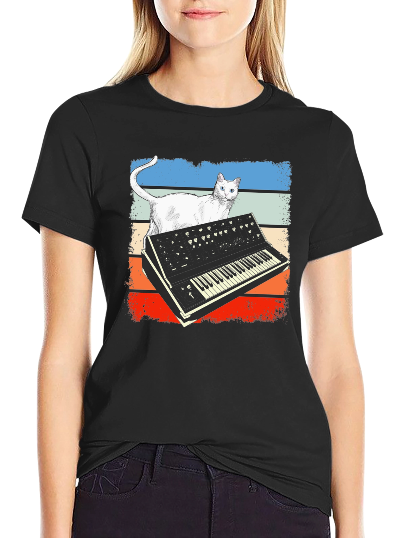Retro Cat Synth T-Shirt - Music Lover Tee