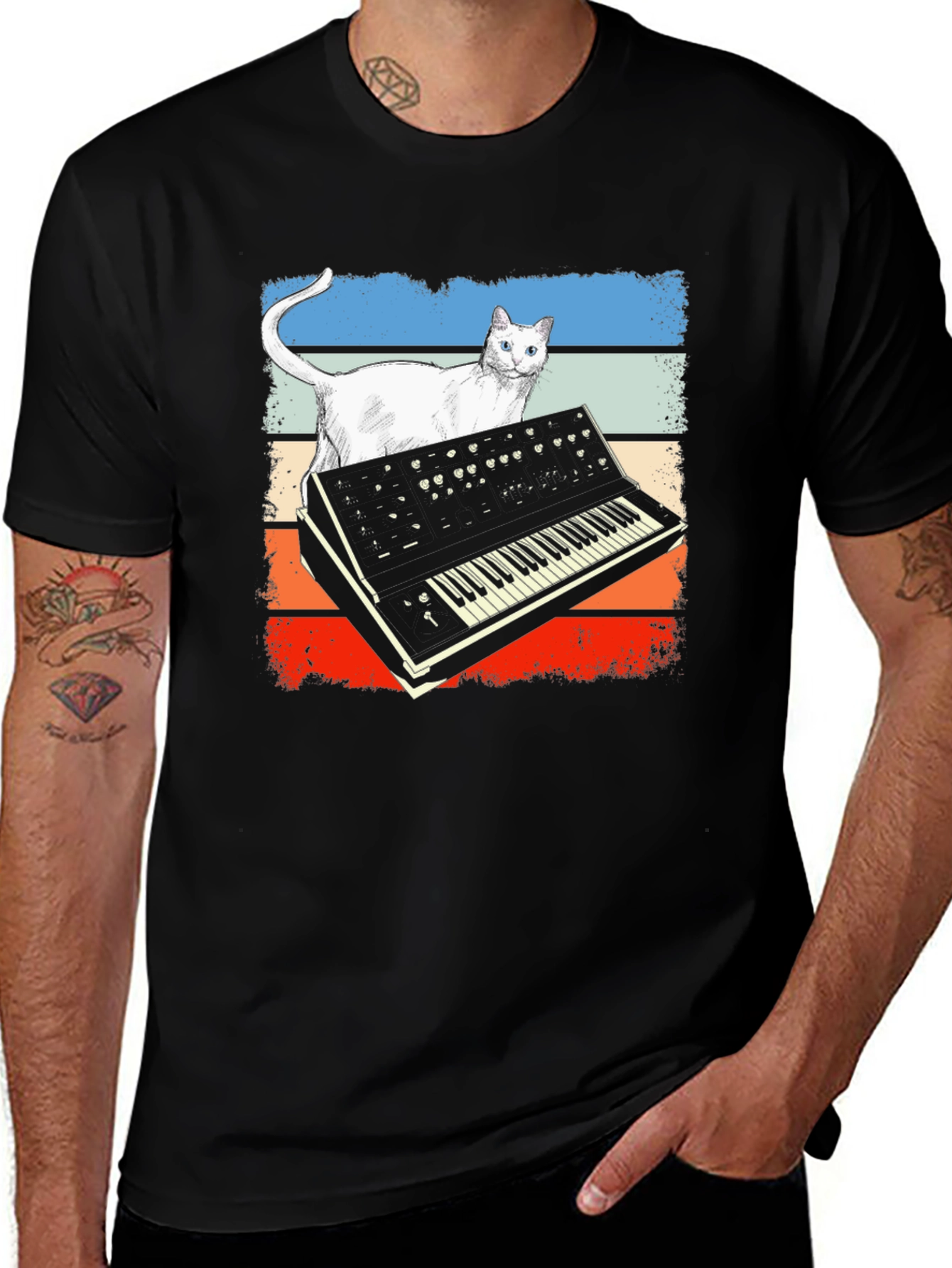 Retro Cat Synth T-Shirt - Music Lover Tee