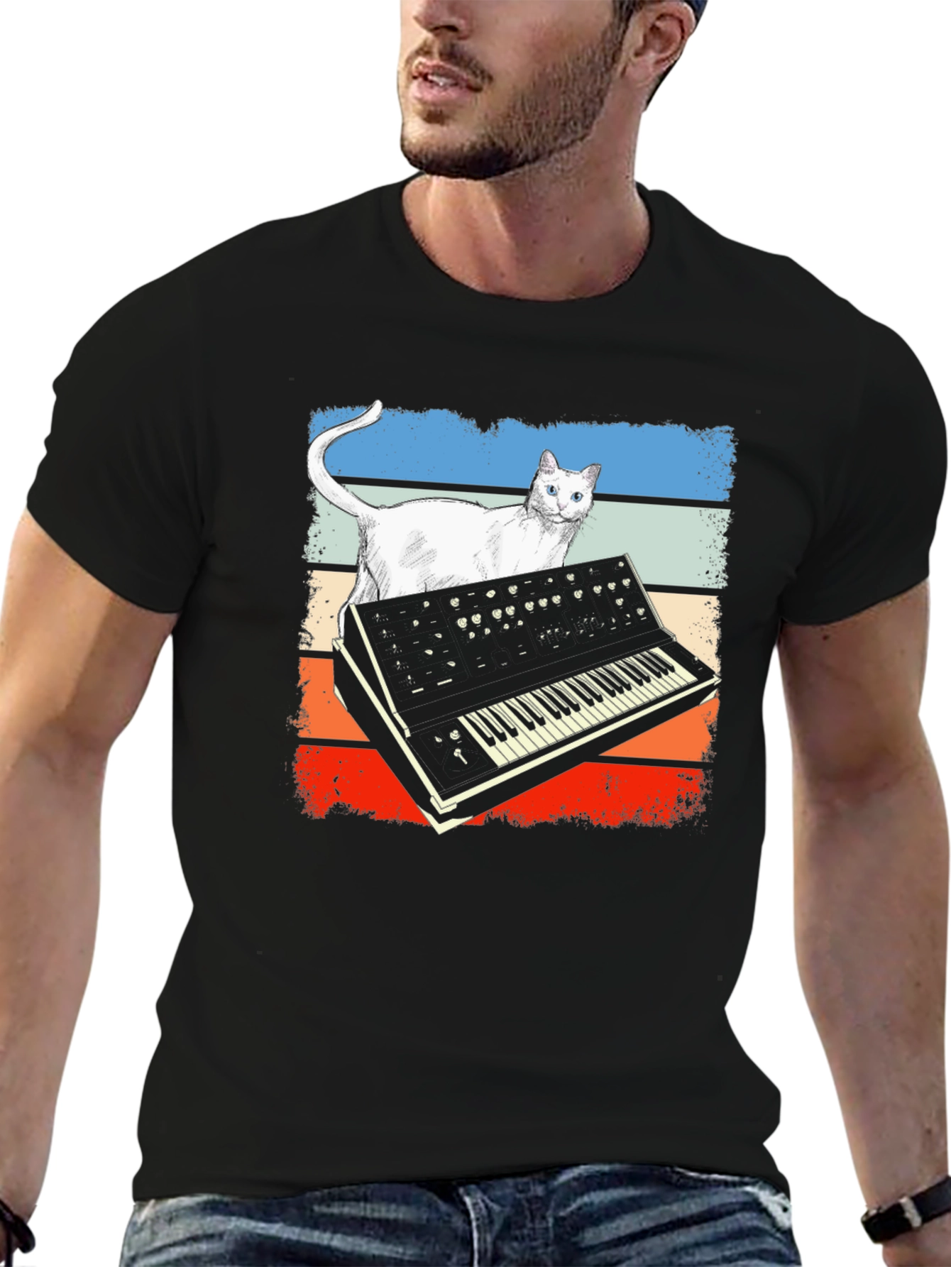 Retro Cat Synth T-Shirt - Music Lover Tee