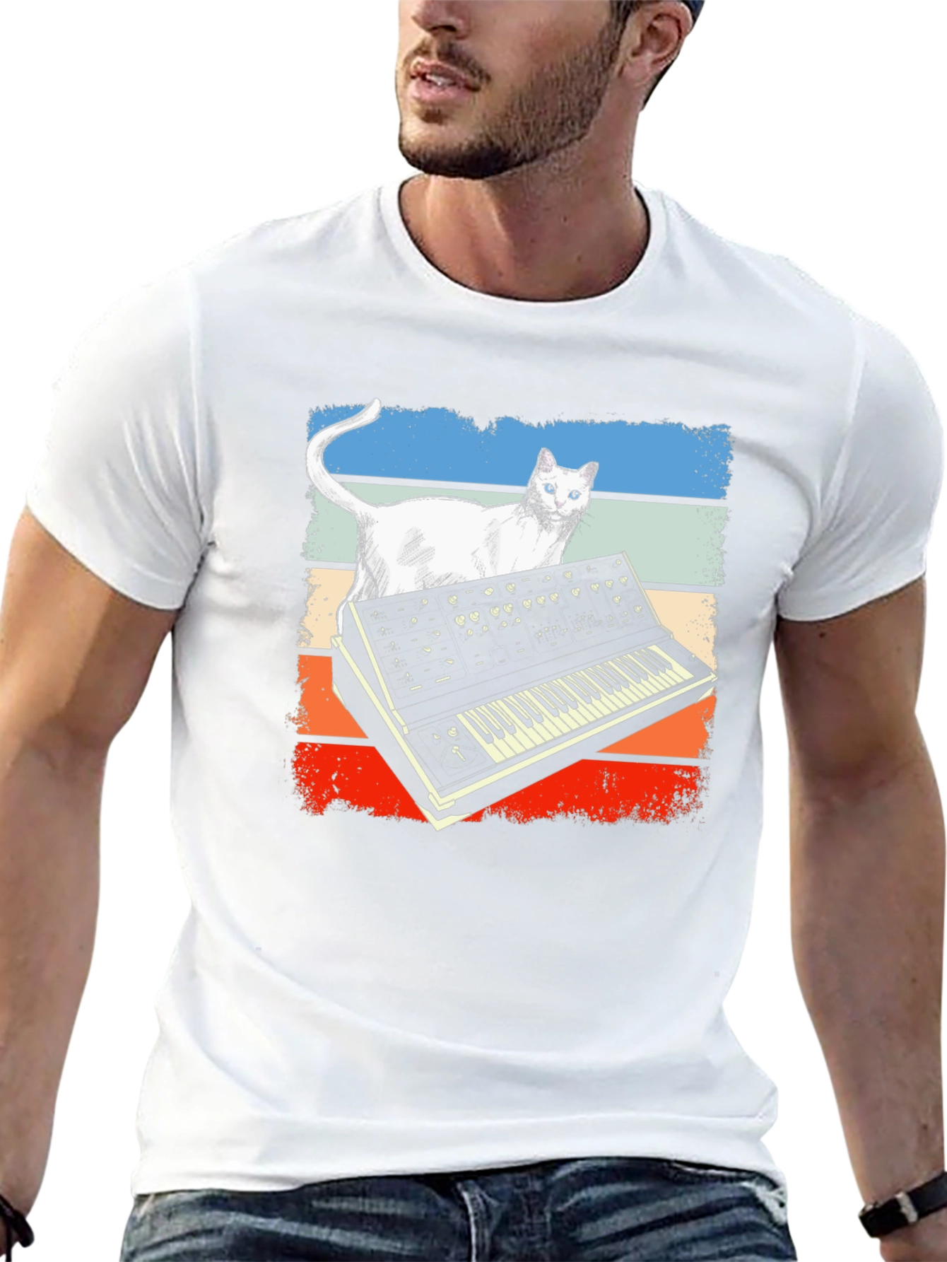 Retro Cat Synth T-Shirt - Music Lover Tee