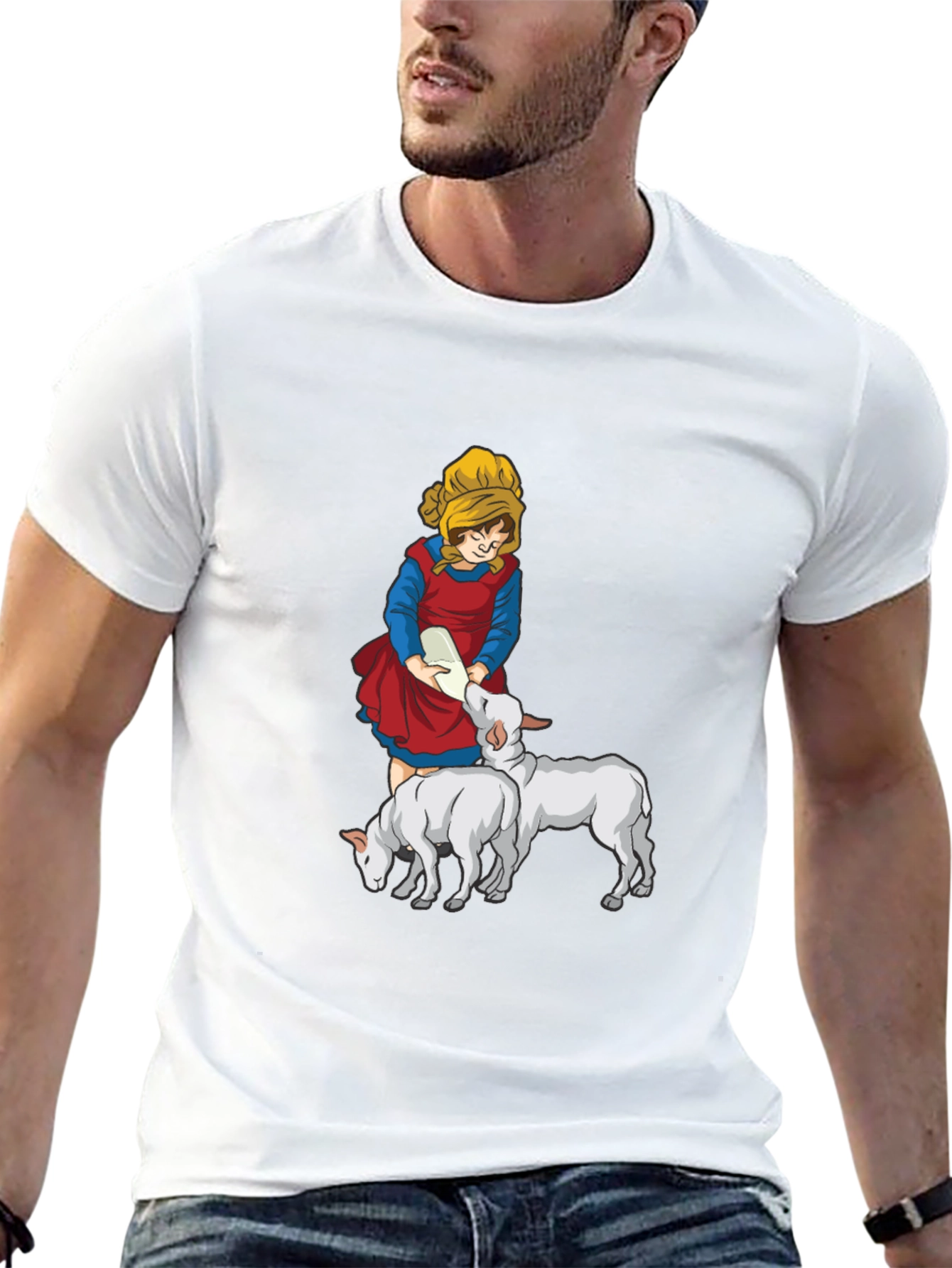 Cartoon Girl Feeding Lambs Graphic Tee