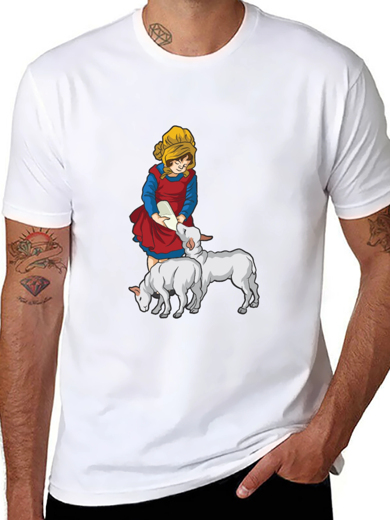 Cartoon Girl Feeding Lambs Graphic Tee