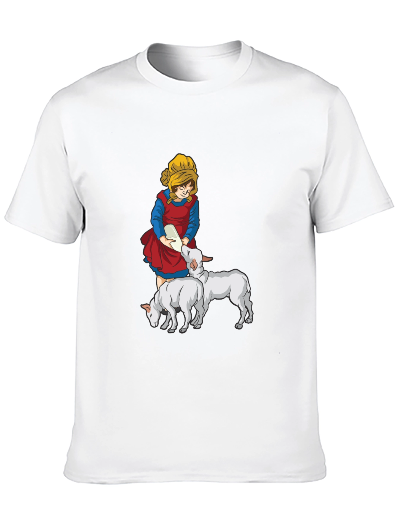 Cartoon Girl Feeding Lambs Graphic Tee