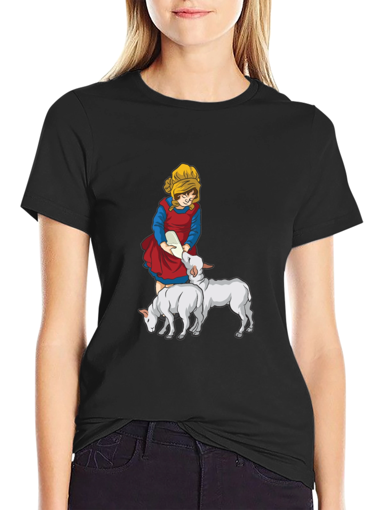 Cartoon Girl Feeding Lambs Graphic Tee