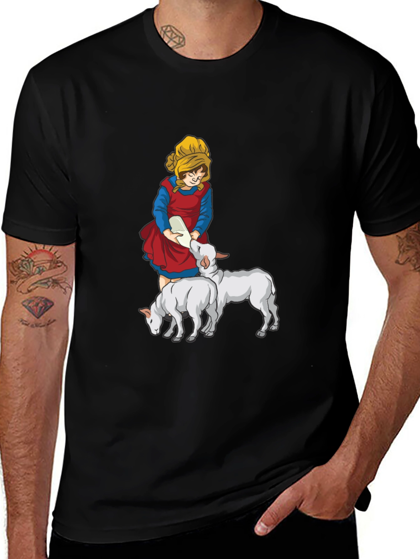 Cartoon Girl Feeding Lambs Graphic Tee
