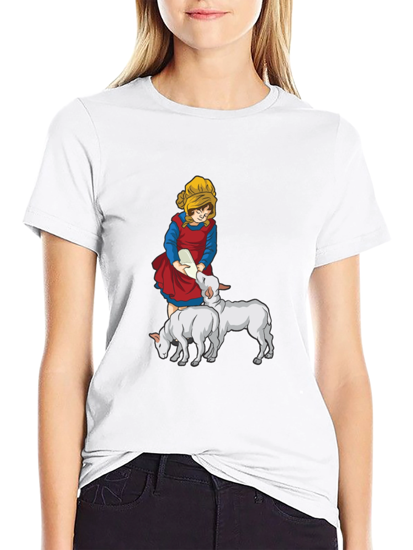 Cartoon Girl Feeding Lambs Graphic Tee