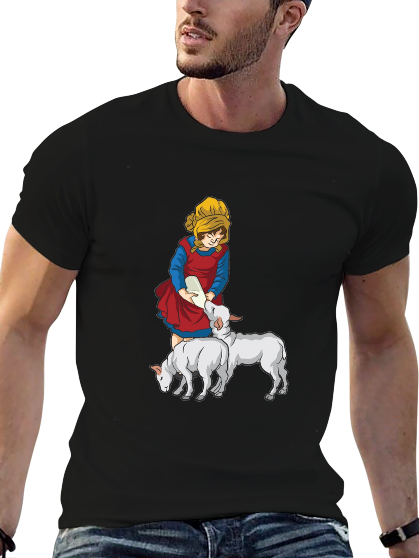 Cartoon Girl Feeding Lambs Graphic Tee