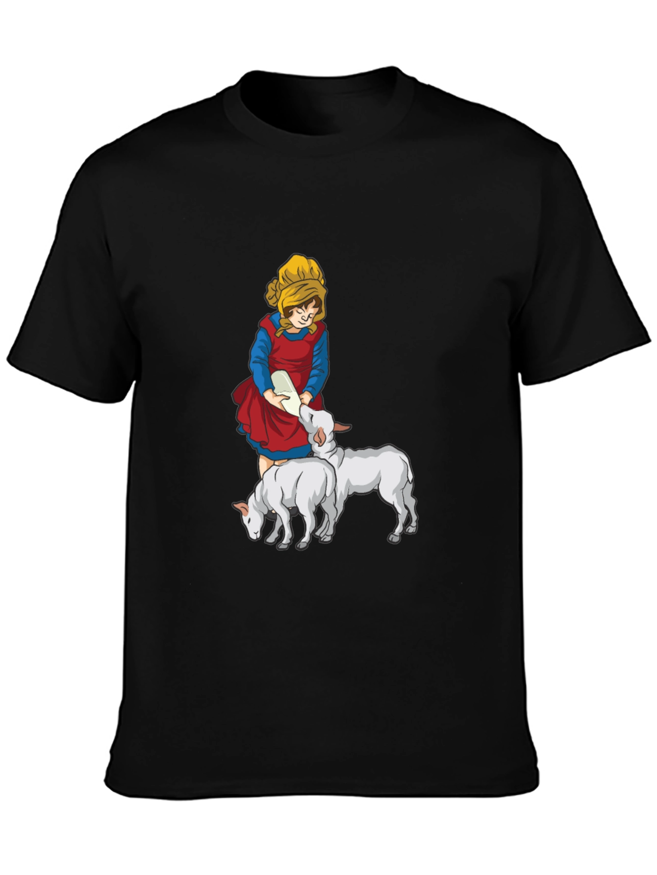 Cartoon Girl Feeding Lambs Graphic Tee