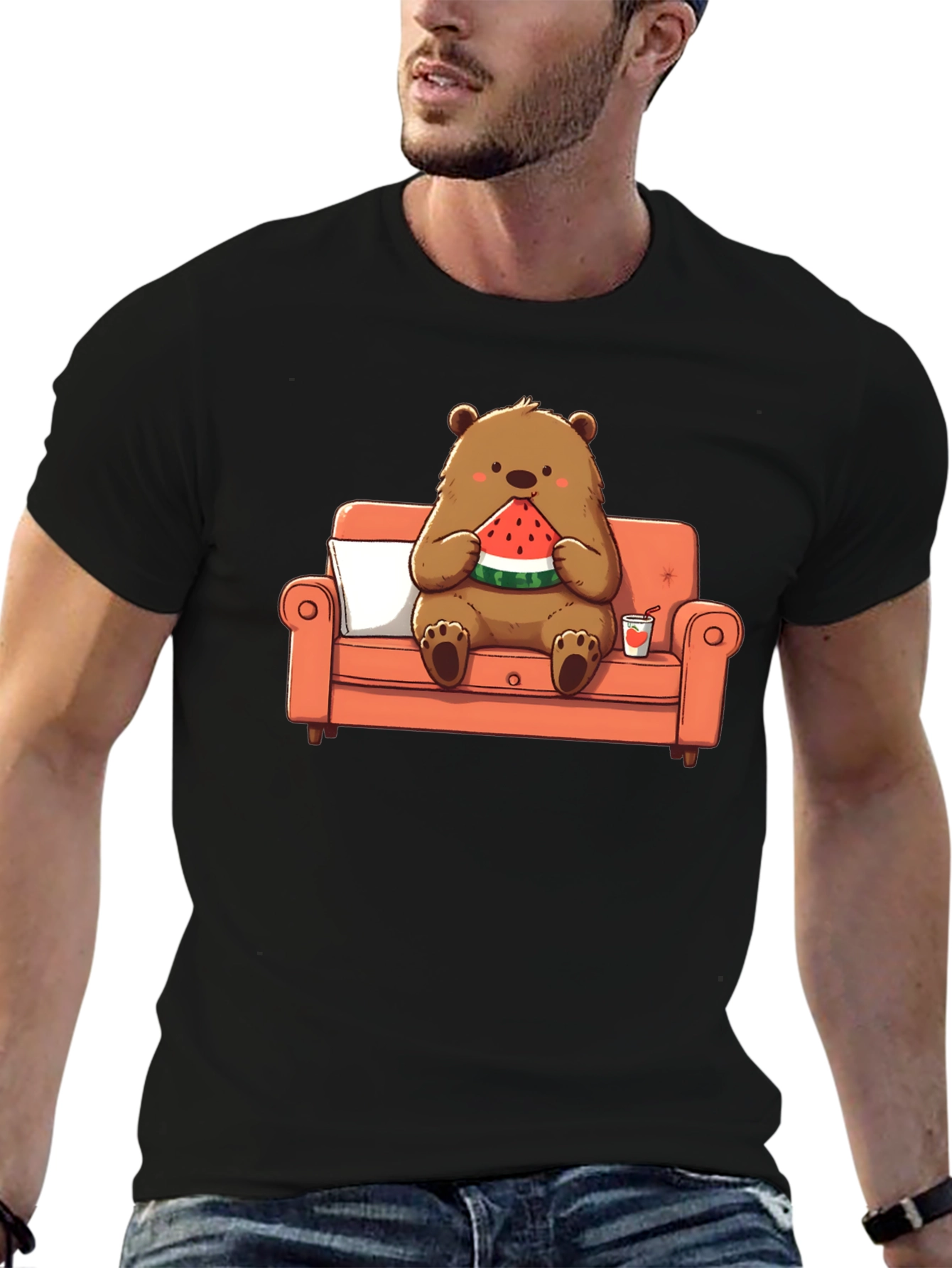 Bear Eating Watermelon T-Shirt - Comfy Cartoon Tee