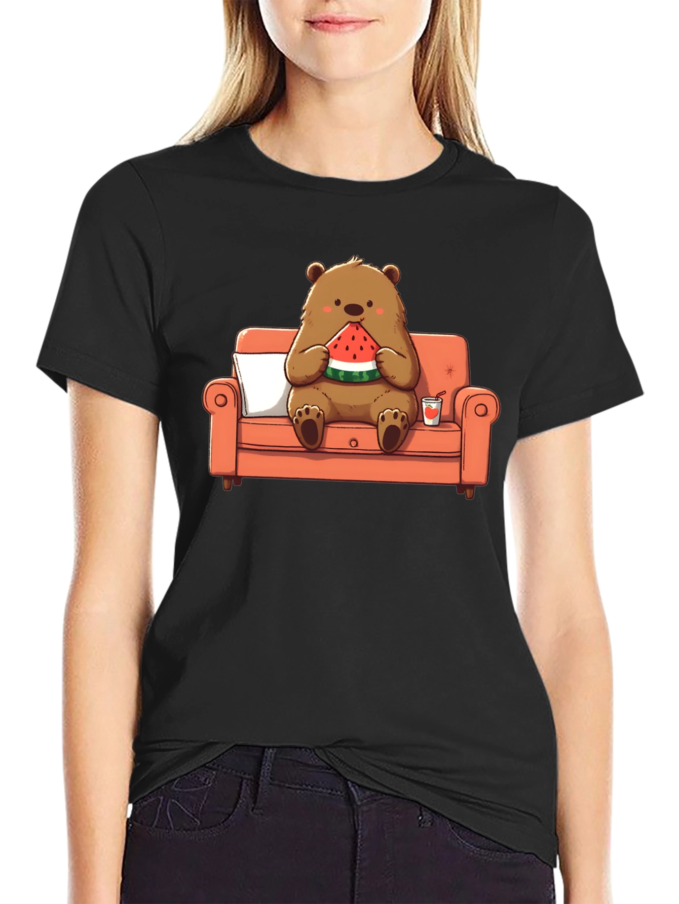 Bear Eating Watermelon T-Shirt - Comfy Cartoon Tee