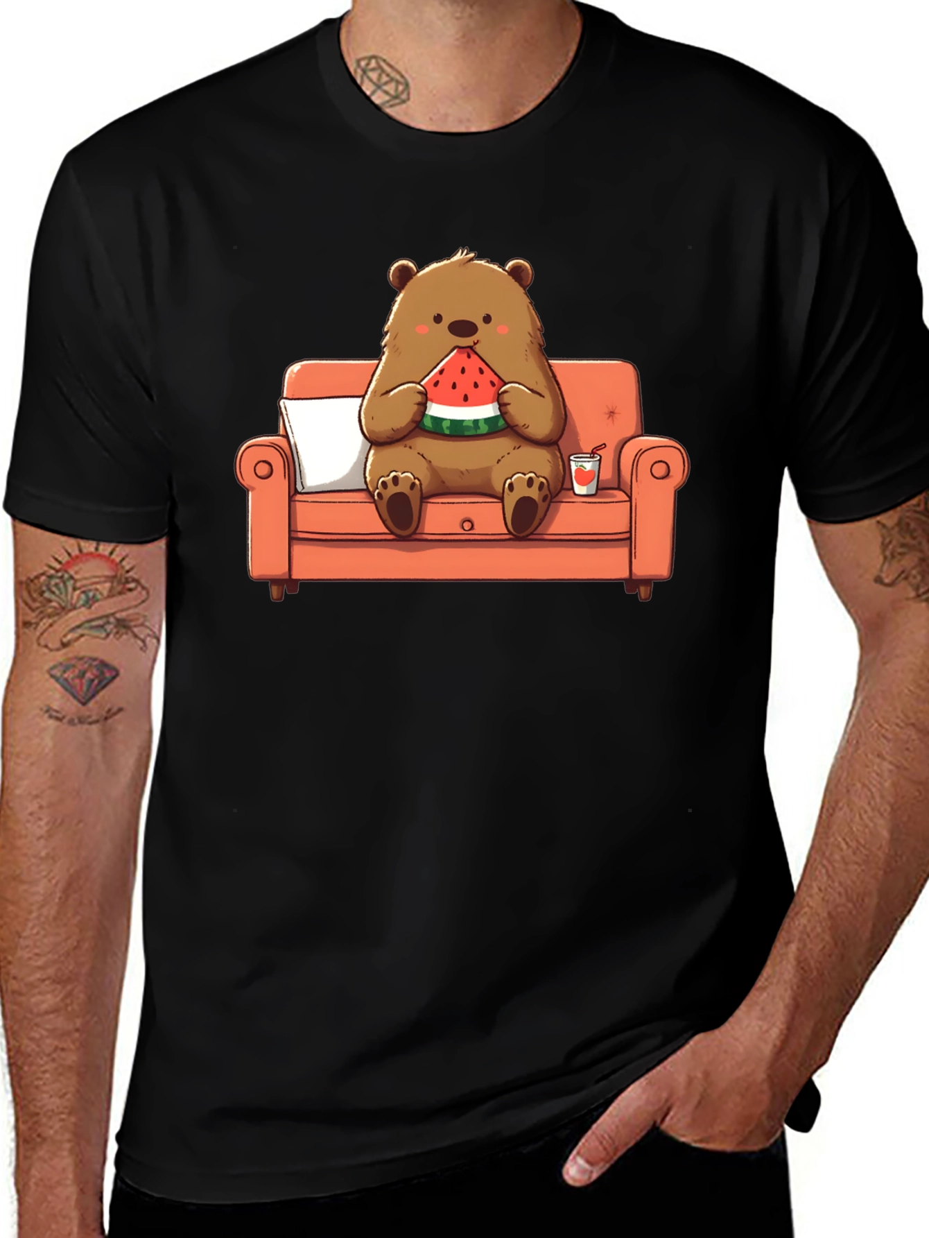 Bear Eating Watermelon T-Shirt - Comfy Cartoon Tee