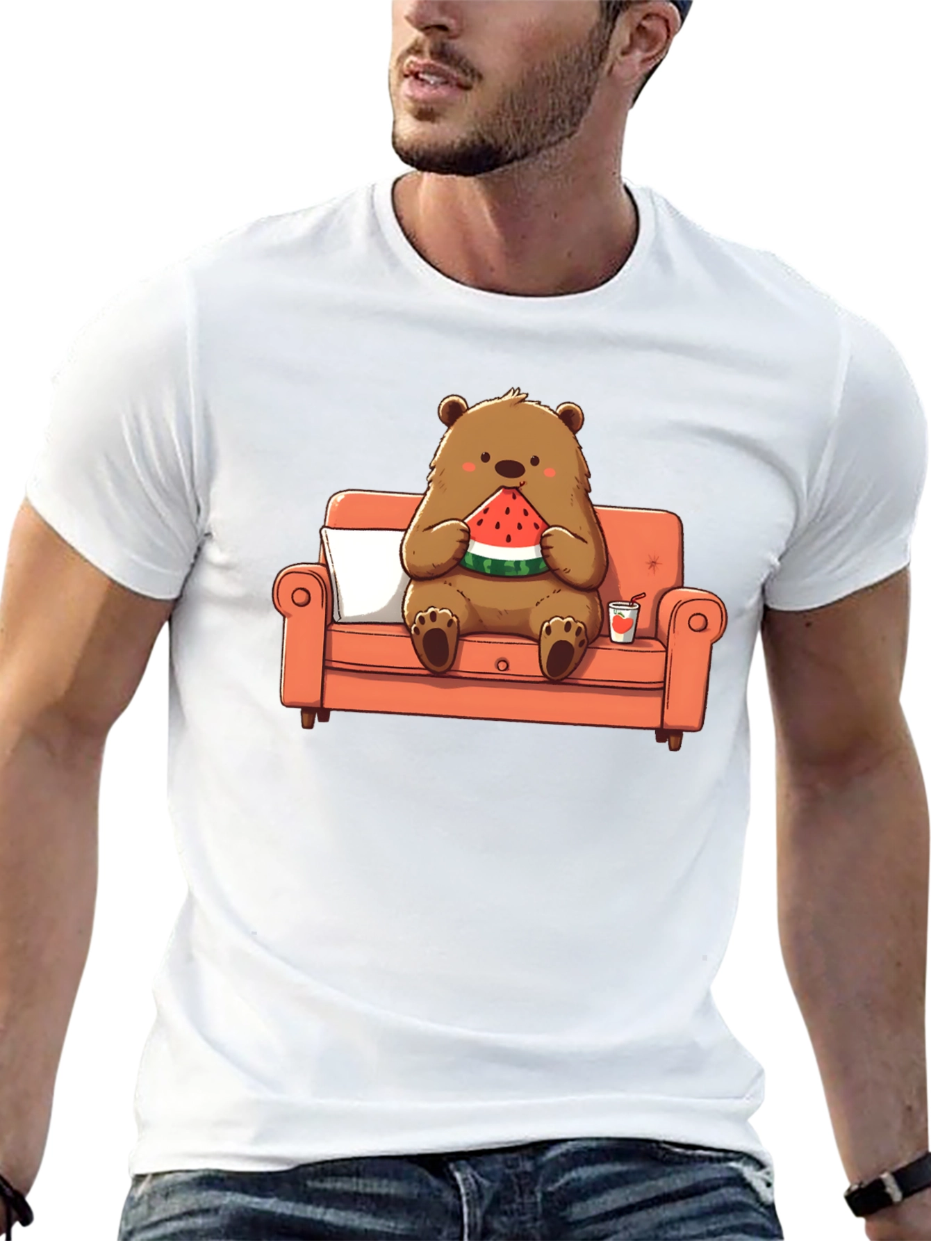 Bear Eating Watermelon T-Shirt - Comfy Cartoon Tee