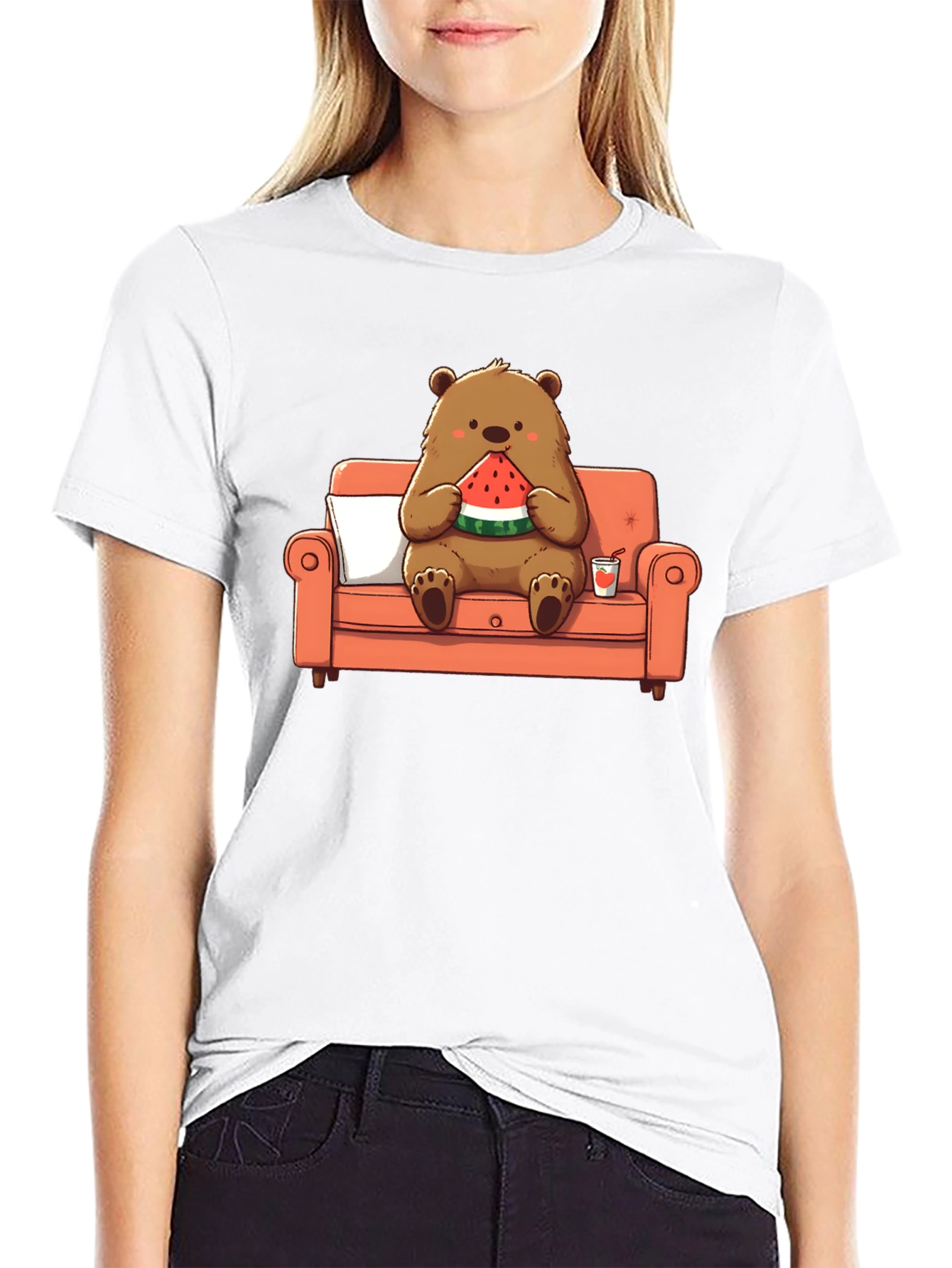 Bear Eating Watermelon T-Shirt - Comfy Cartoon Tee