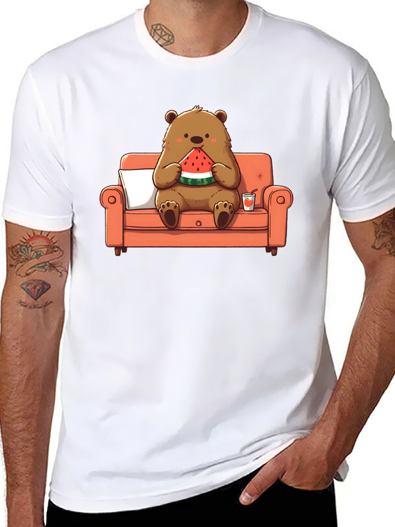 Bear Eating Watermelon T-Shirt - Comfy Cartoon Tee