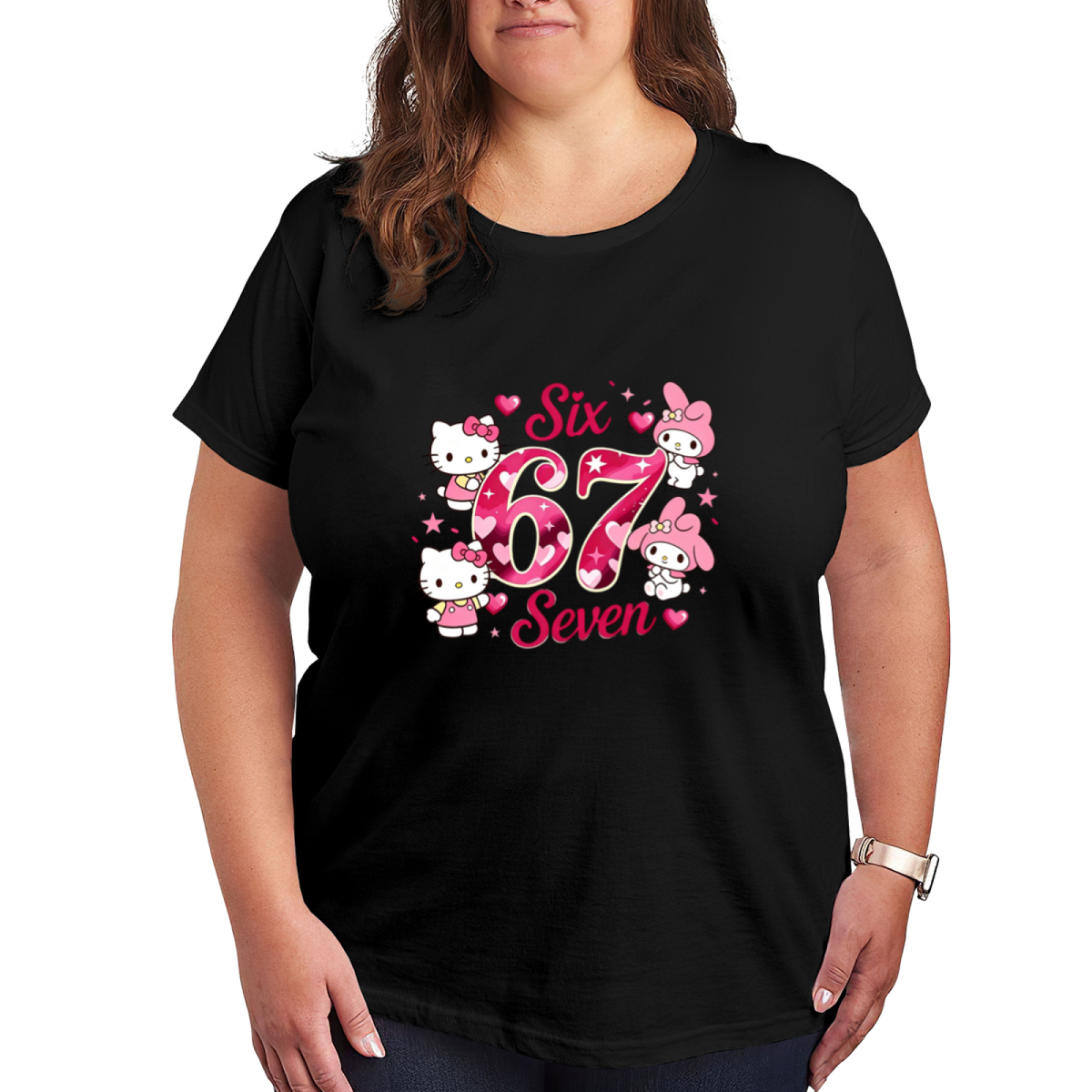 Plus Size Women Hello Kitty & Friends Six?Seven Theme Cute Graphic Tee